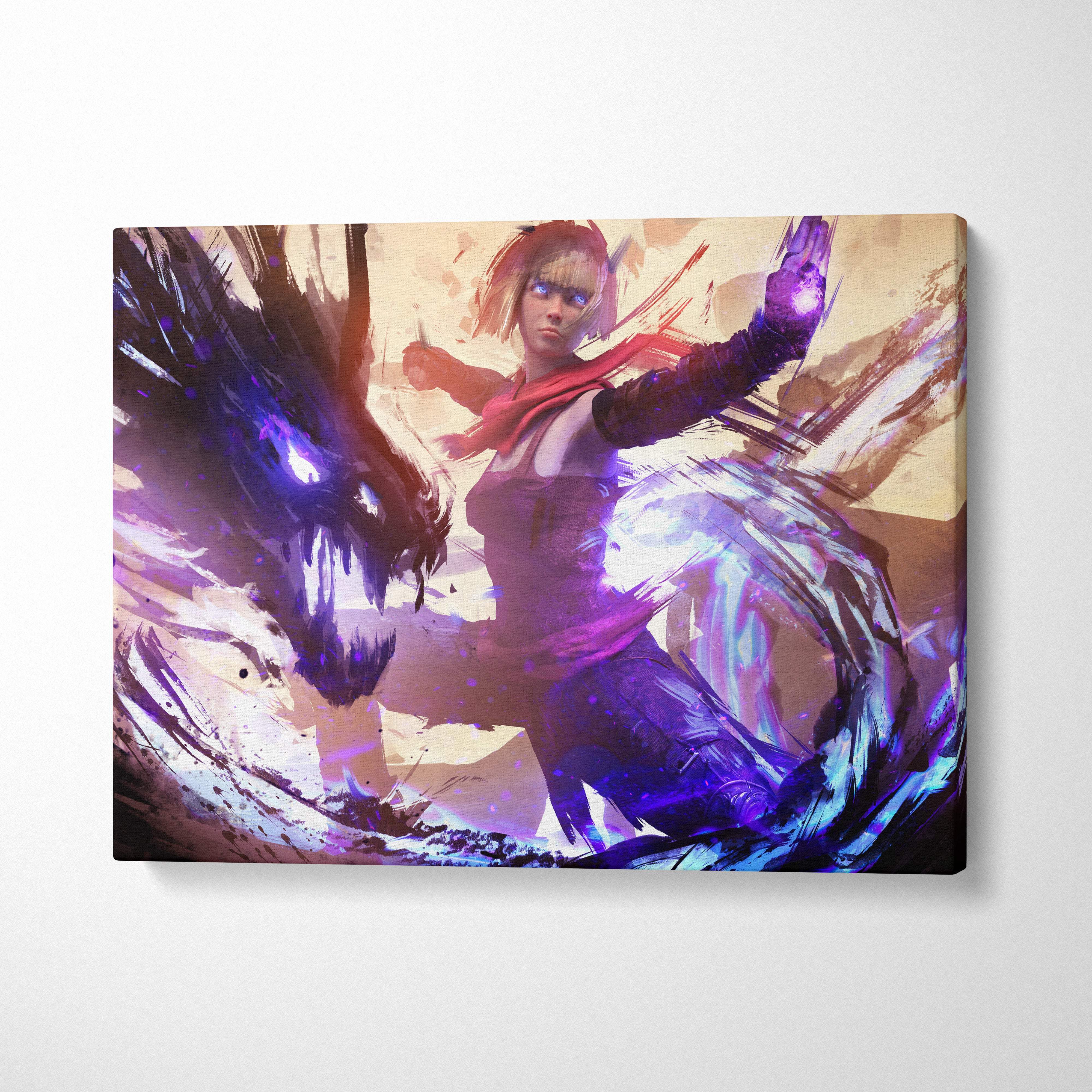Vibrant mystic shadow sorceress canvas art featuring anime-style warrior in red and black with glowing purple energy battling dark dragon