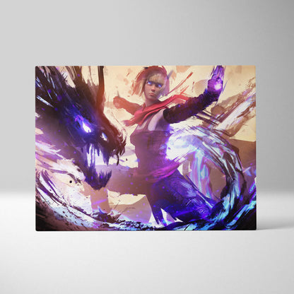 Vibrant digital canvas art featuring a dynamic female warrior with purple and blue energy effects in anime style