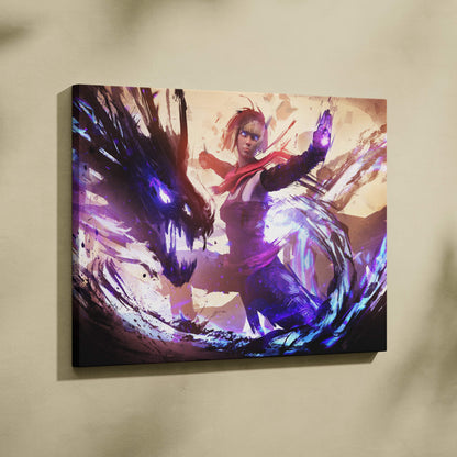 Vibrant digital canvas art of a purple and red clad warrior battling a dark winged creature with neon magic energy