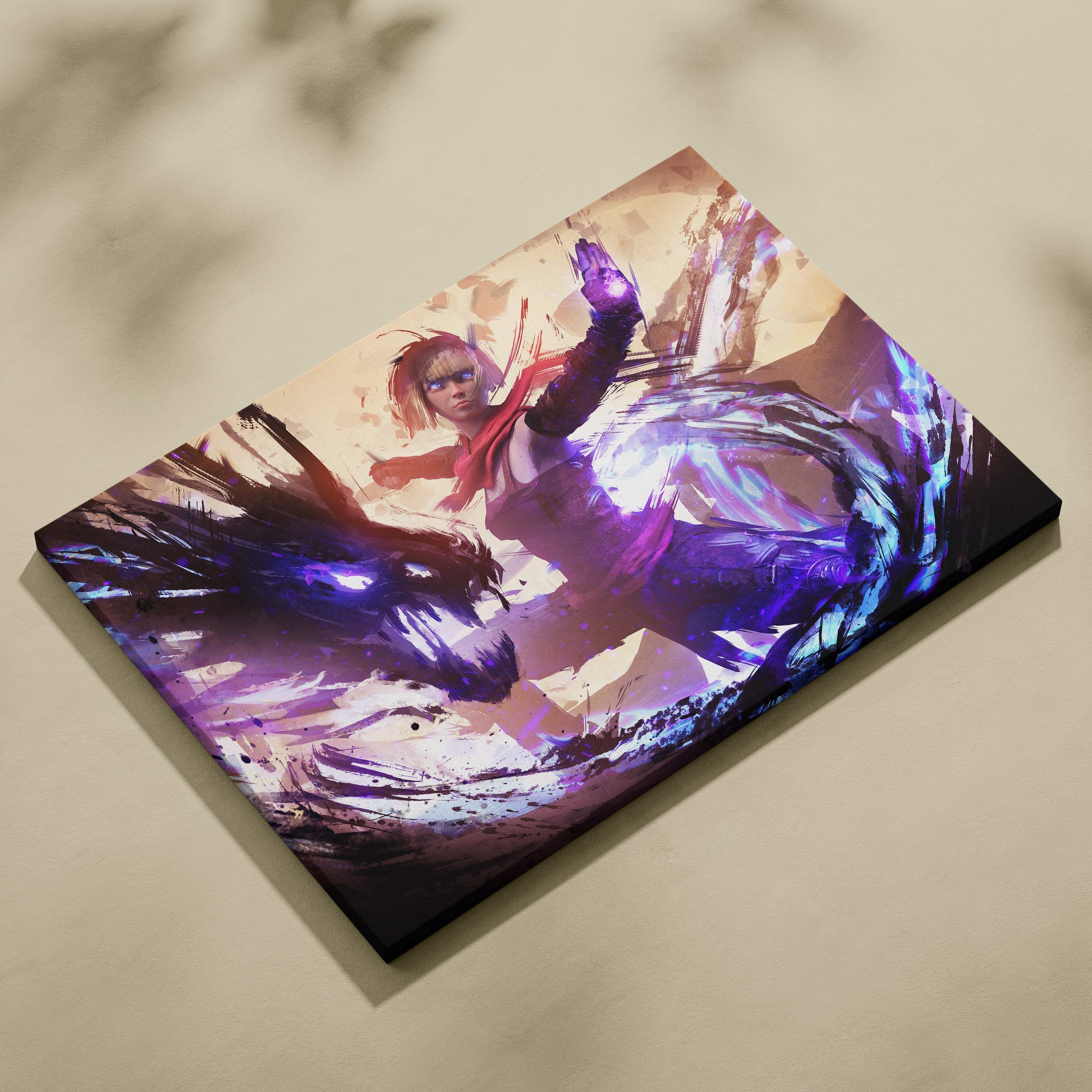 Mystic shadow sorceress anime canvas art with purple and blue energy effects on textured beige background