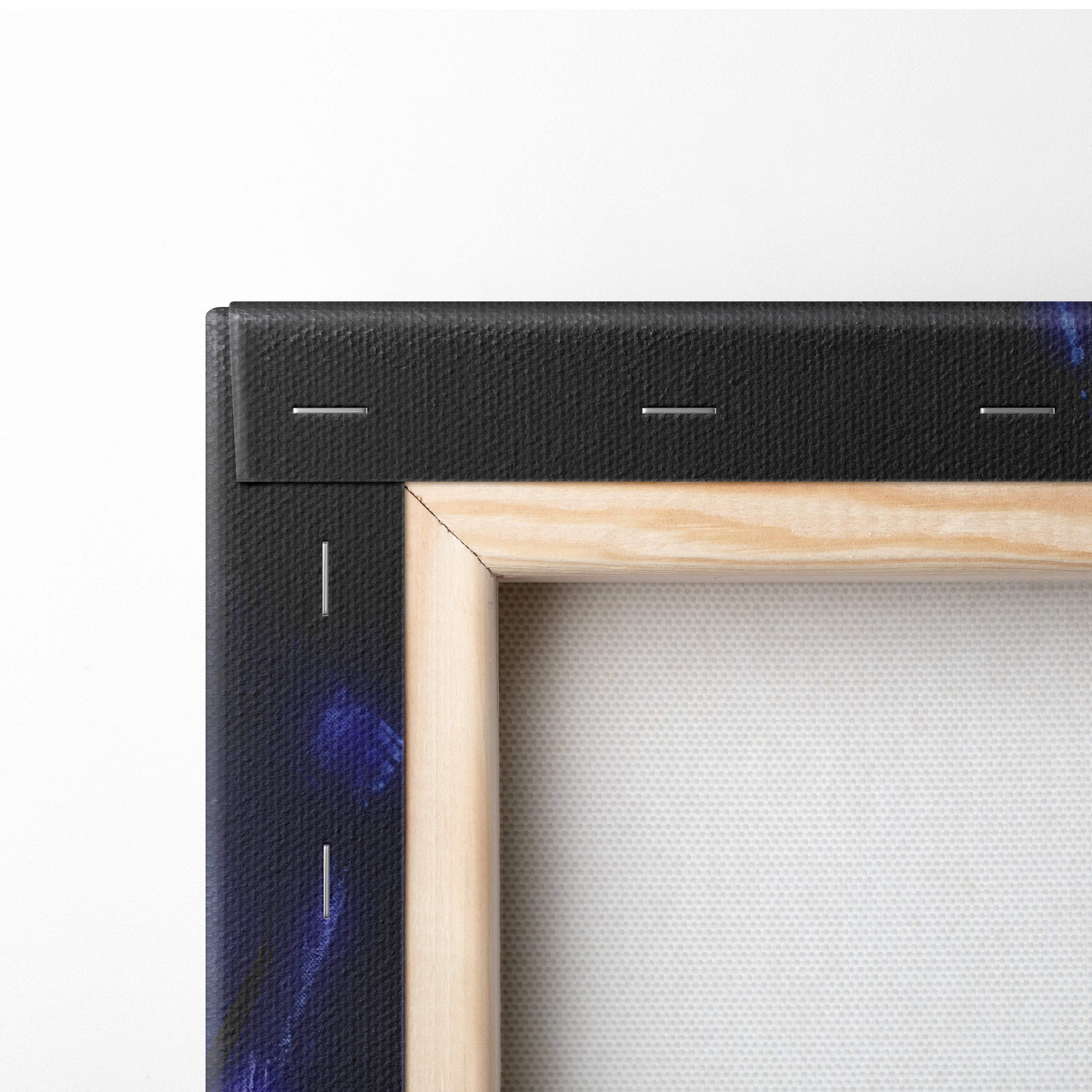Shadow ascendant meditation canvas art features deep blue abstract anime warrior design with light wood frame and black fabric back