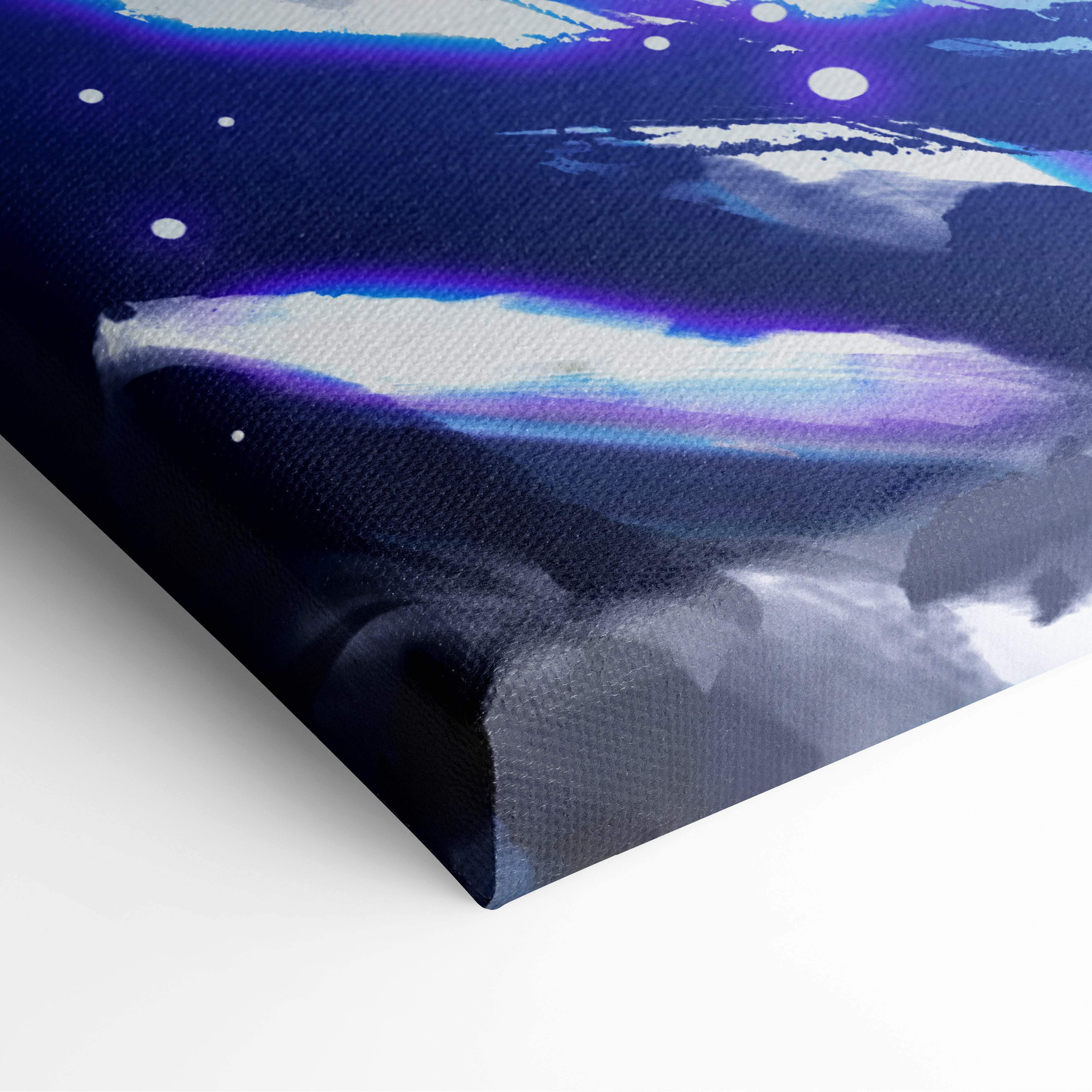 A canvas print of shadow ascendant meditation art featuring a cosmic navy blue and purple nebula with glowing eyes and ethereal power