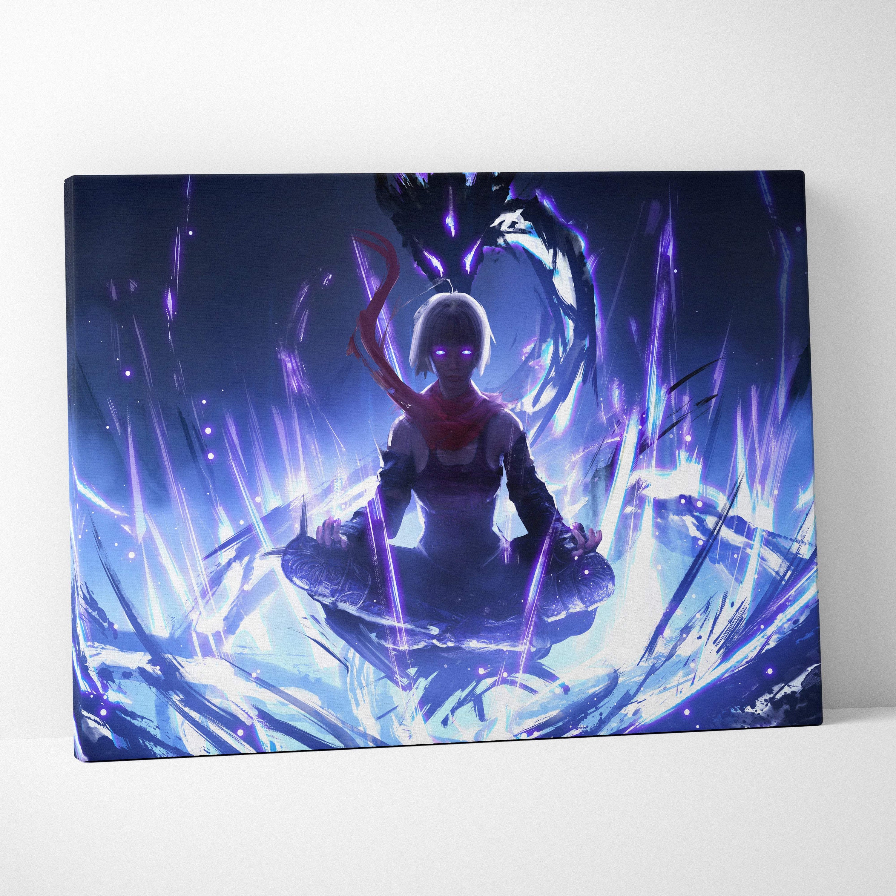 A vibrant purple and blue rectangular canvas art depicting an anime warrior meditating with glowing eyes and dark energy