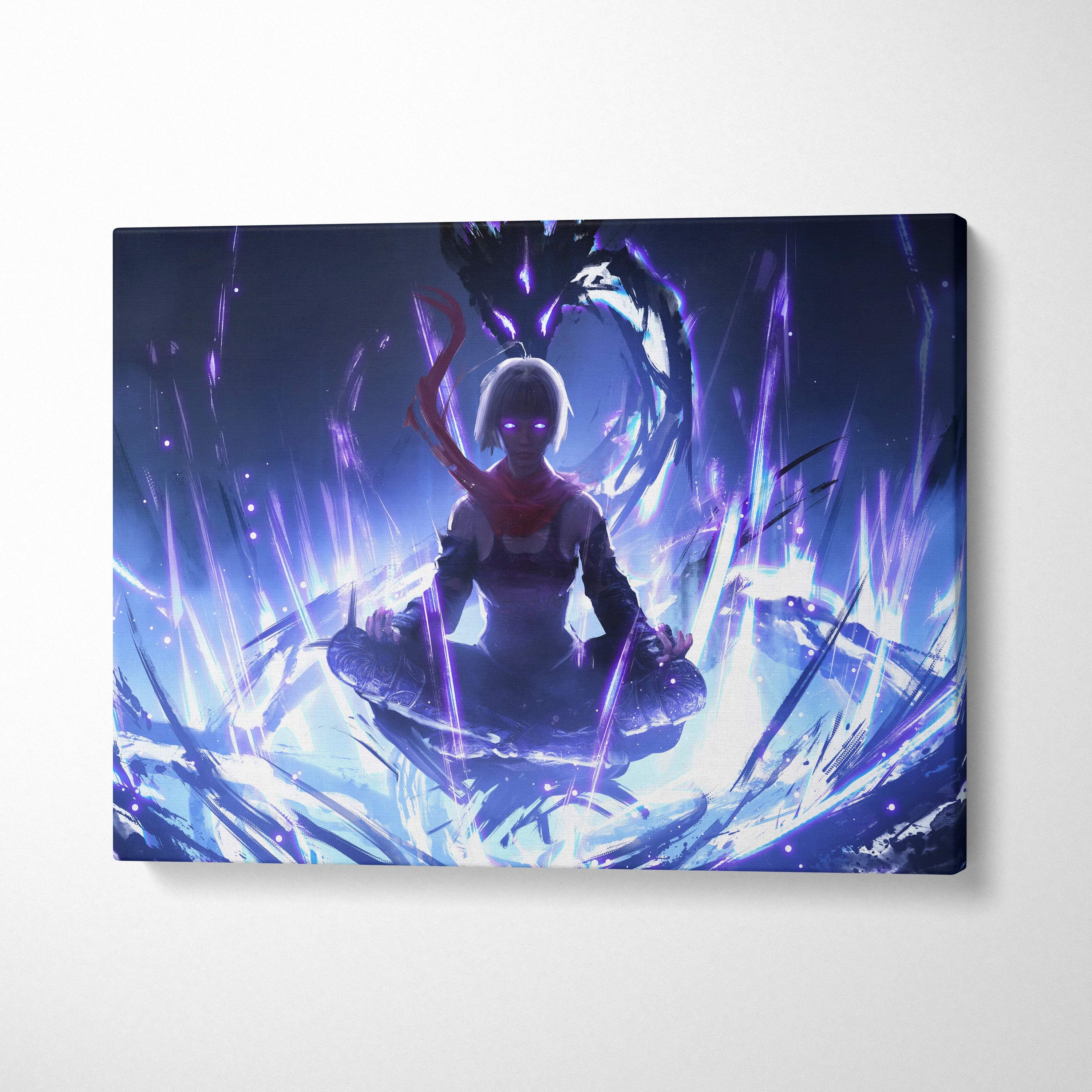 Rectangular canvas print of an anime warrior with white hair and glowing purple eyes meditating amid blue and violet energy effects