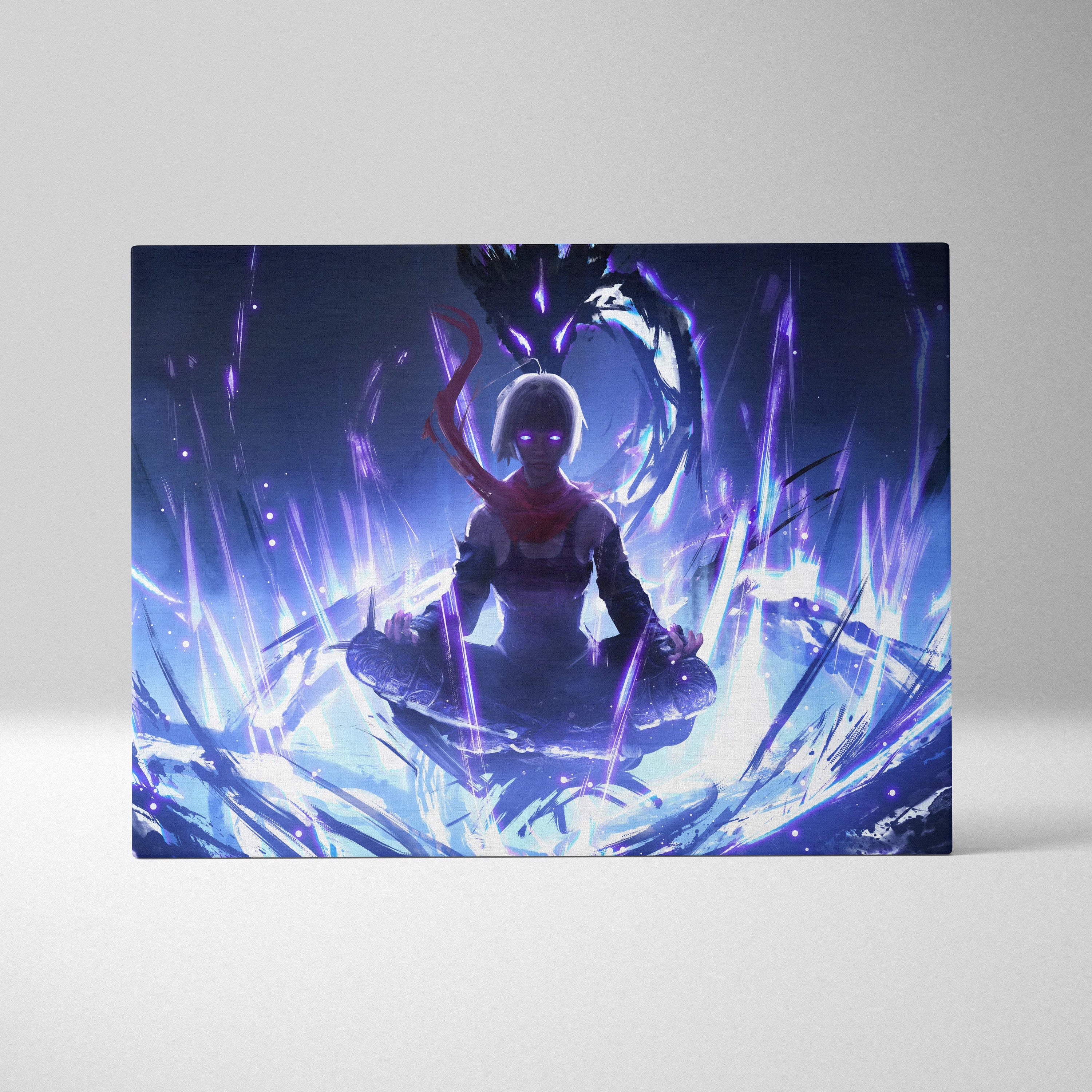 A rectangular canvas print of an anime warrior with glowing purple eyes meditating amid blue and violet energy effects