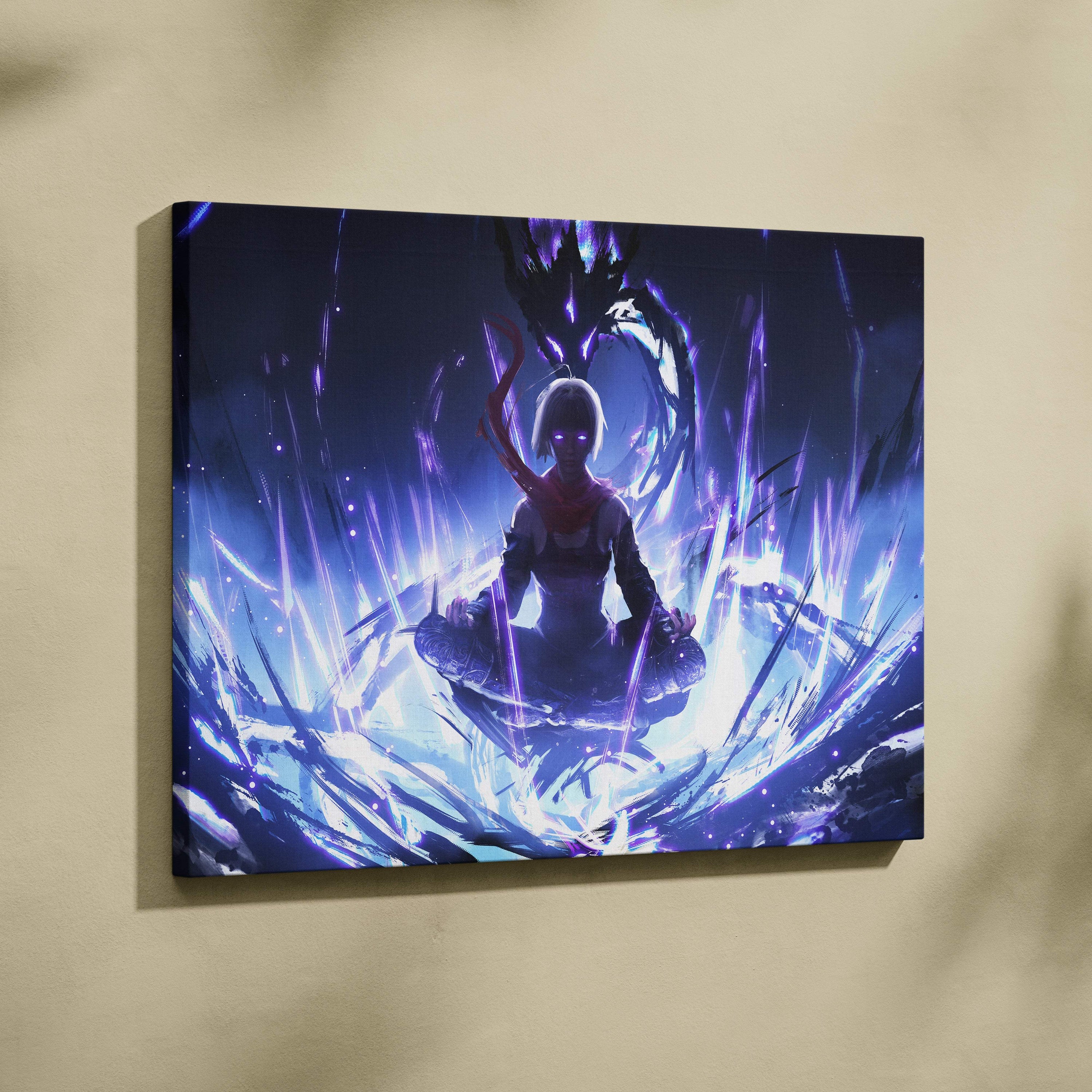 Purple and blue fantasy stretched canvas art of a meditating anime warrior with glowing eyes and dark spirit energy