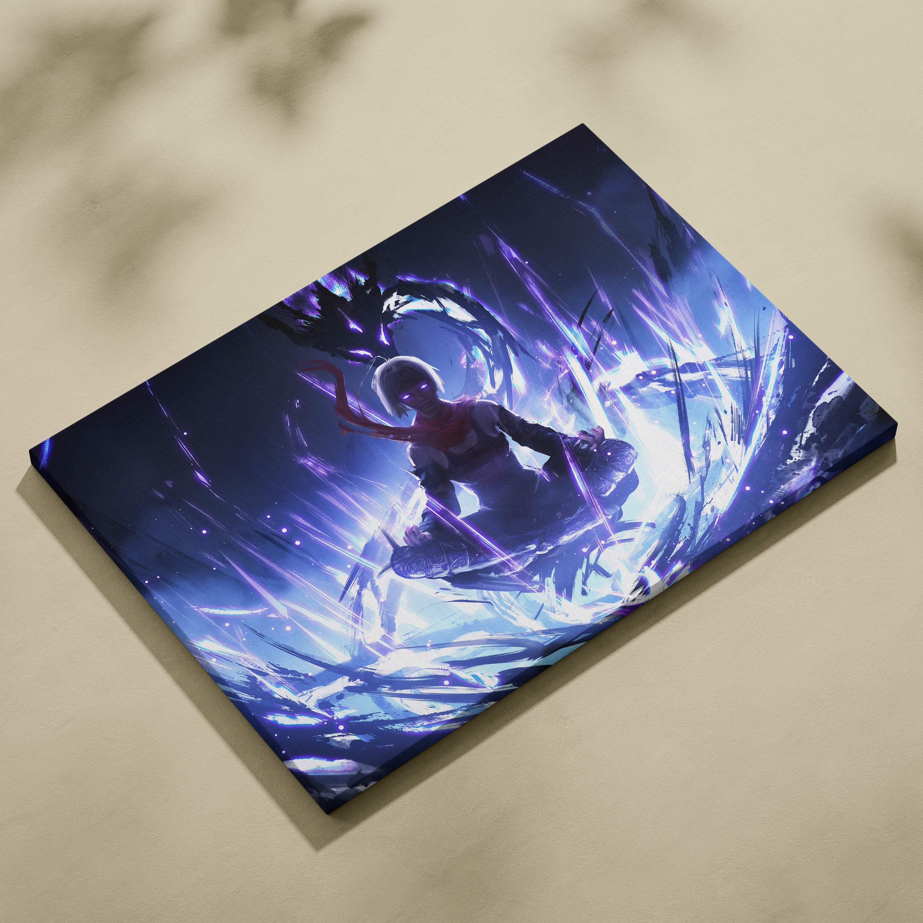 Vibrant blue and purple canvas print featuring an anime warrior channeling dark spirit energy with glowing eyes