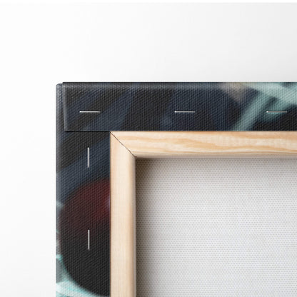 Light wood-framed canvas print featuring a dark textured gothic sorceress design with visible stitching edges