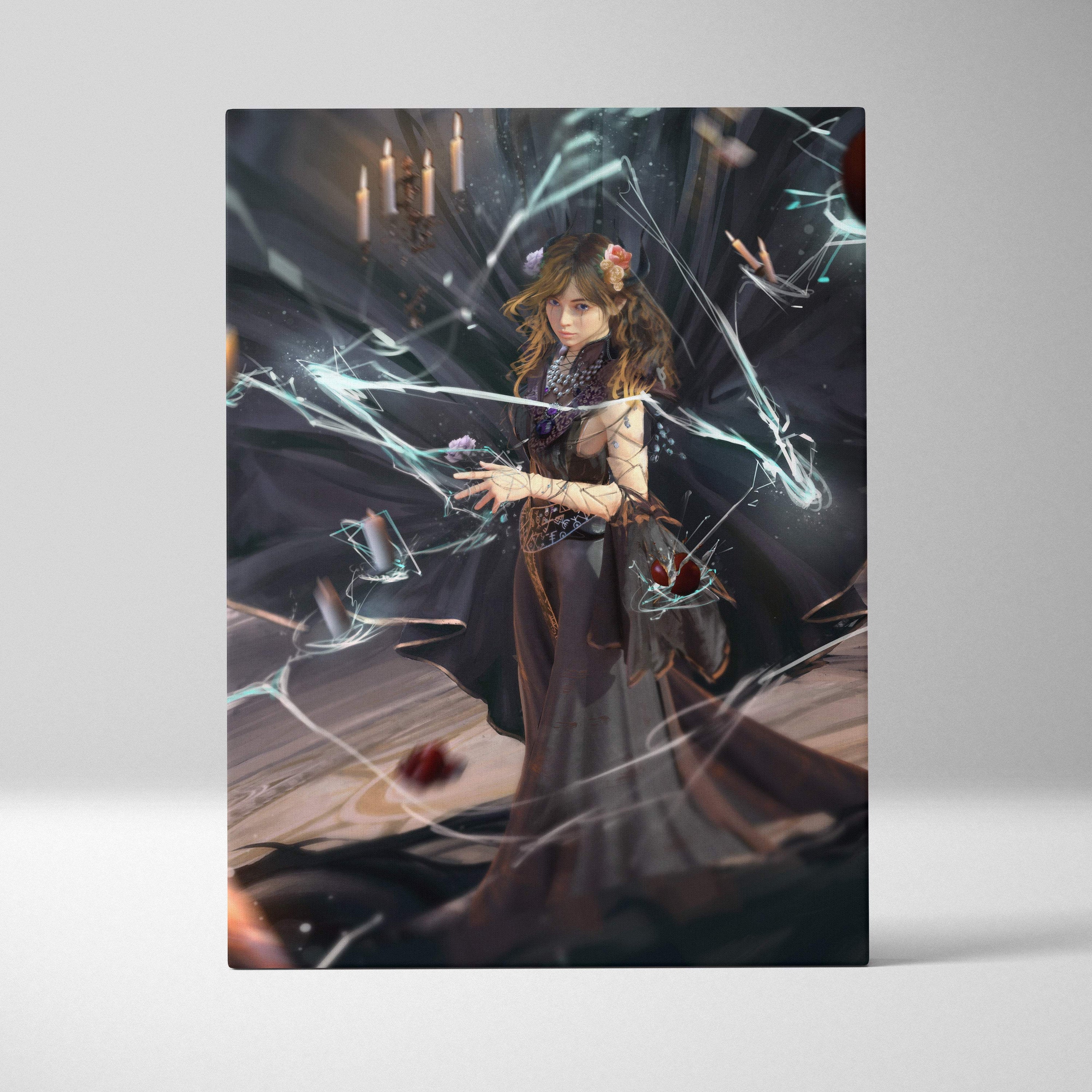 Dark fantasy sorceress canvas print featuring a woman in a flowing black lace gown for gothic wall art decor
