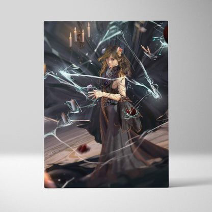 Dark fantasy sorceress canvas print featuring a woman in a flowing black lace gown for gothic wall art decor