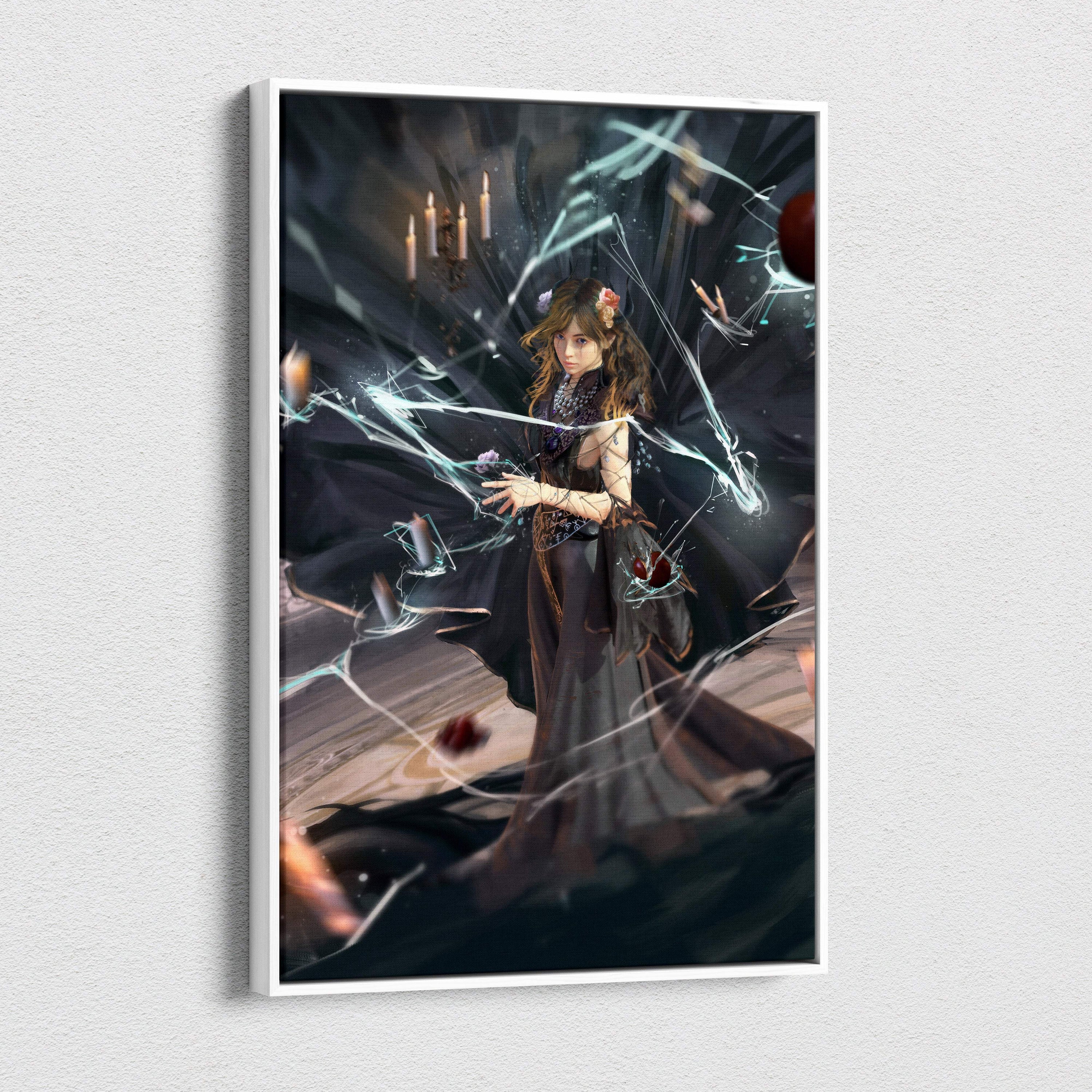 A framed dark fantasy sorceress canvas print featuring a young woman in a black gown with glowing blue energy