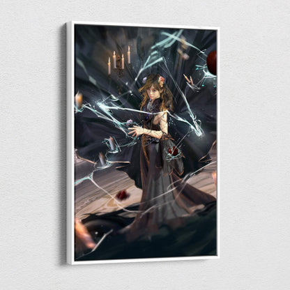 A framed dark fantasy sorceress canvas print featuring a young woman in a black gown with glowing blue energy