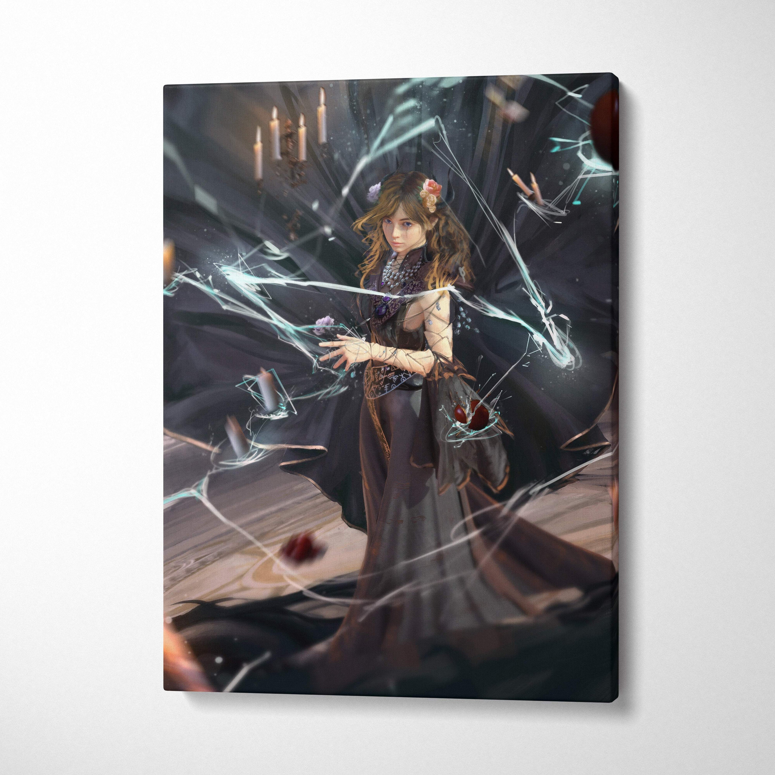 Dark fantasy sorceress canvas print featuring a woman in an elaborate gown with glowing blue energy and shattered glass effects