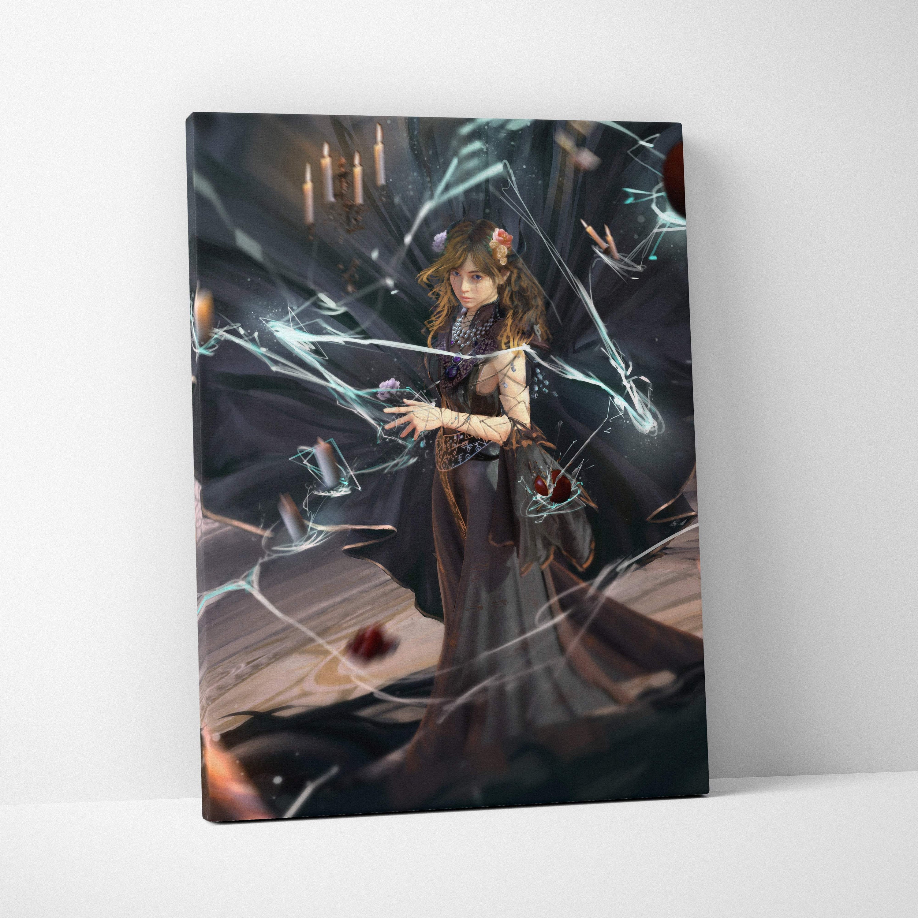 Dark fantasy sorceress canvas print featuring a young woman in a black lace and metallic gown gothic wall art