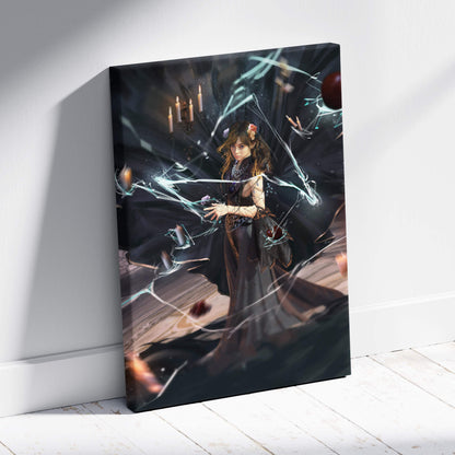 Dark fantasy sorceress canvas print featuring a young woman in a black lace gown with glowing blue energy and gothic decor