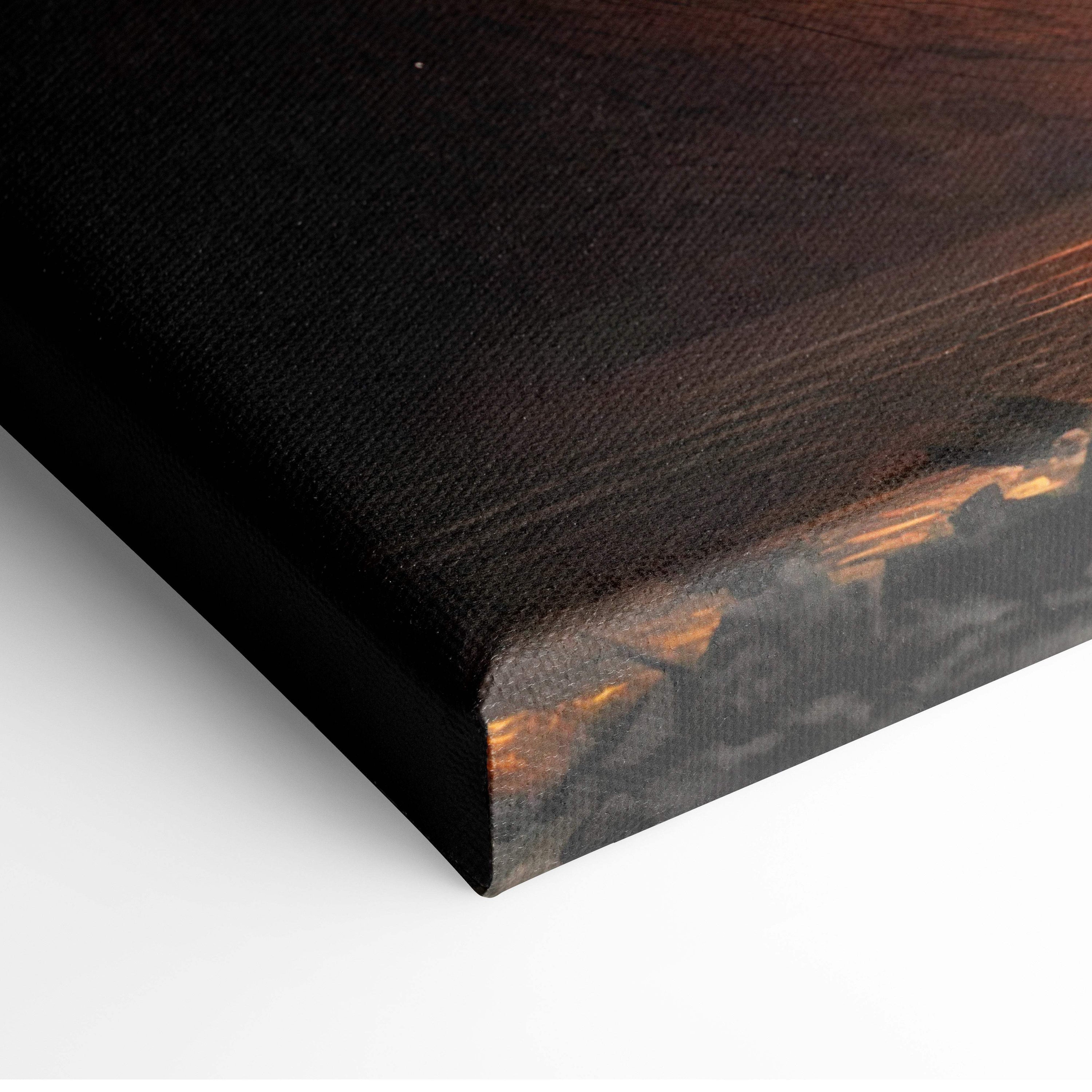 Black canvas print dragon’s reckoning with textured surface and warm glowing orange edges for dark fantasy wall art