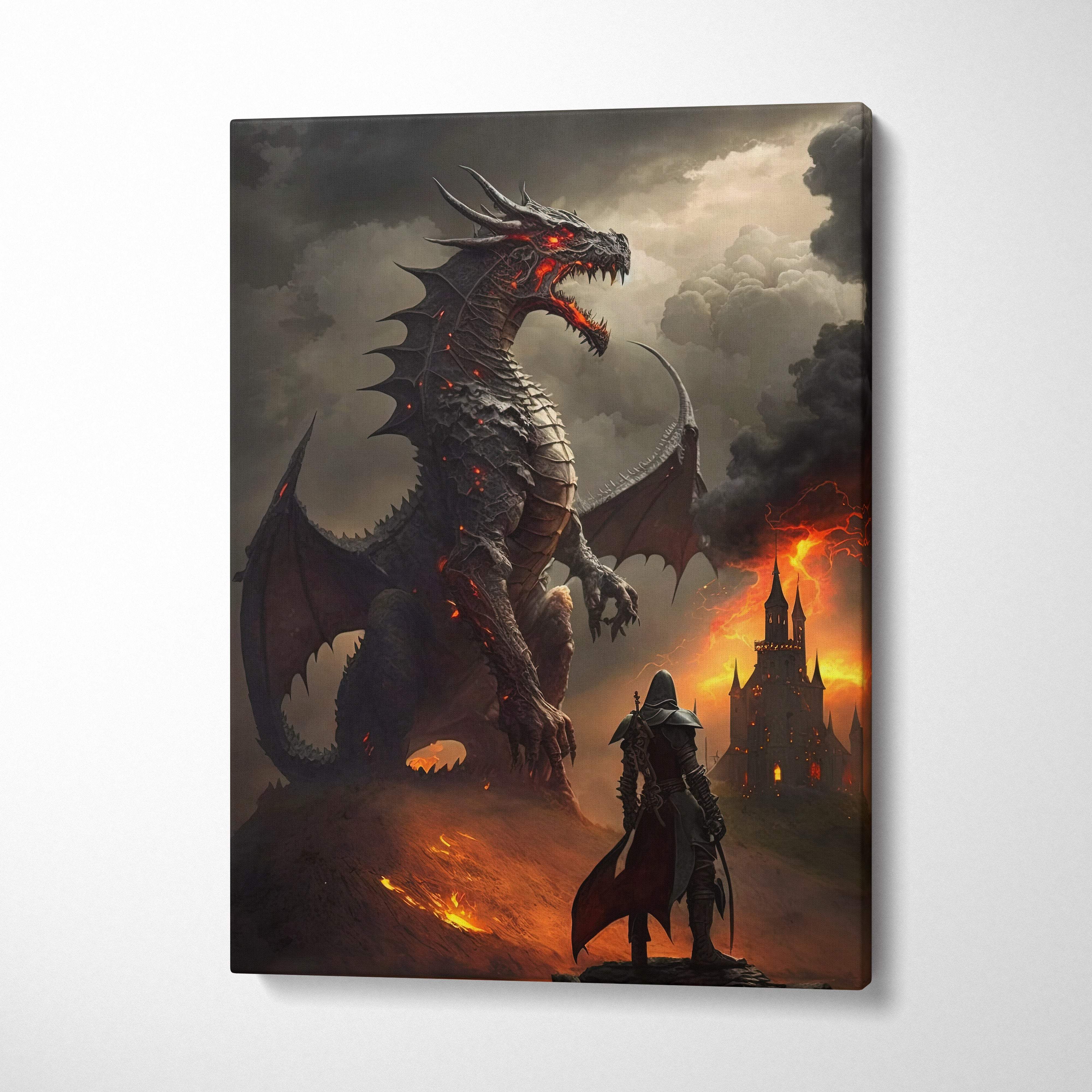 Dramatic canvas wall art featuring a black dragon with red eyes and a lone knight before a burning castle under stormy skies