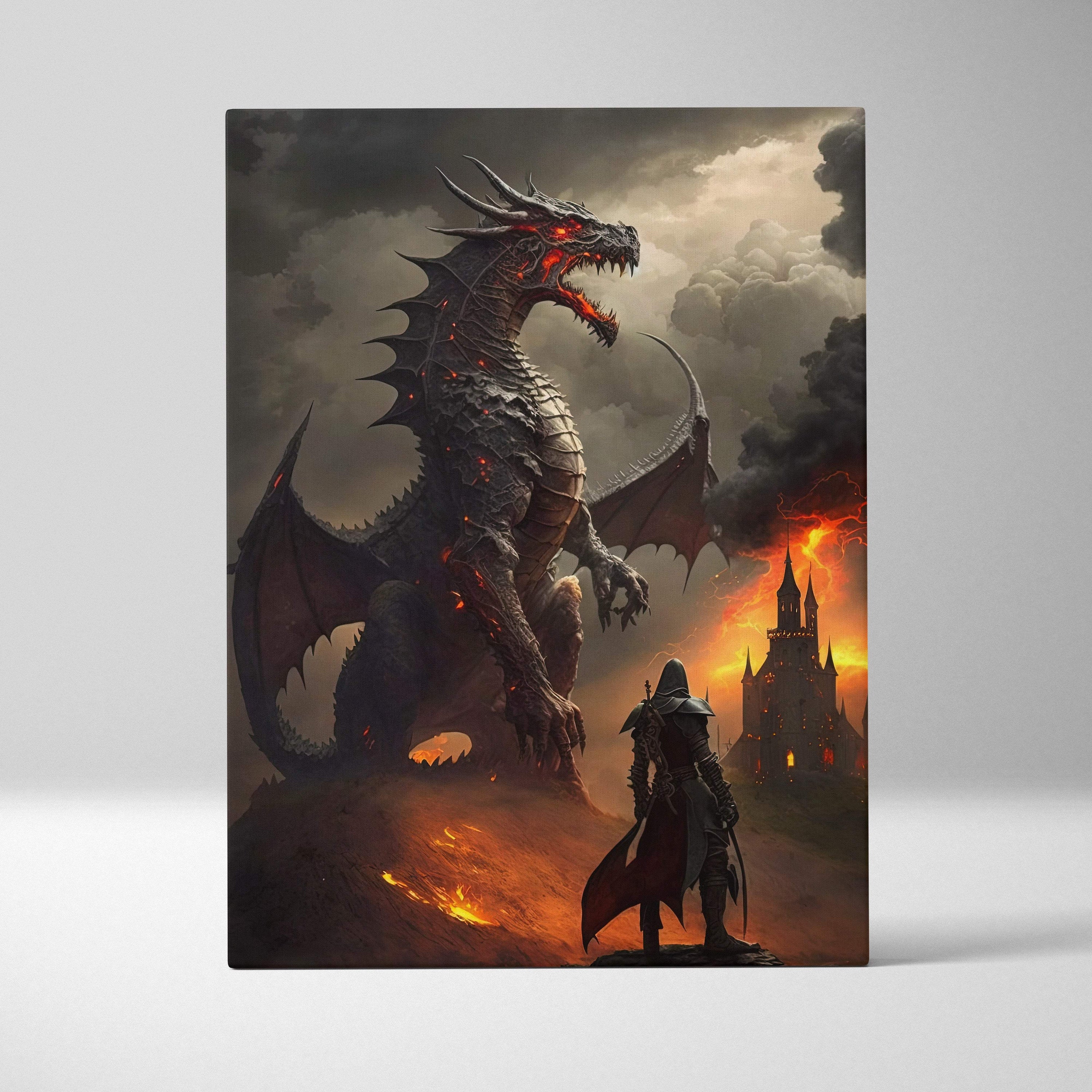 Dramatic canvas wall art featuring a black dragon with fiery scales and a lone knight by a burning castle scene