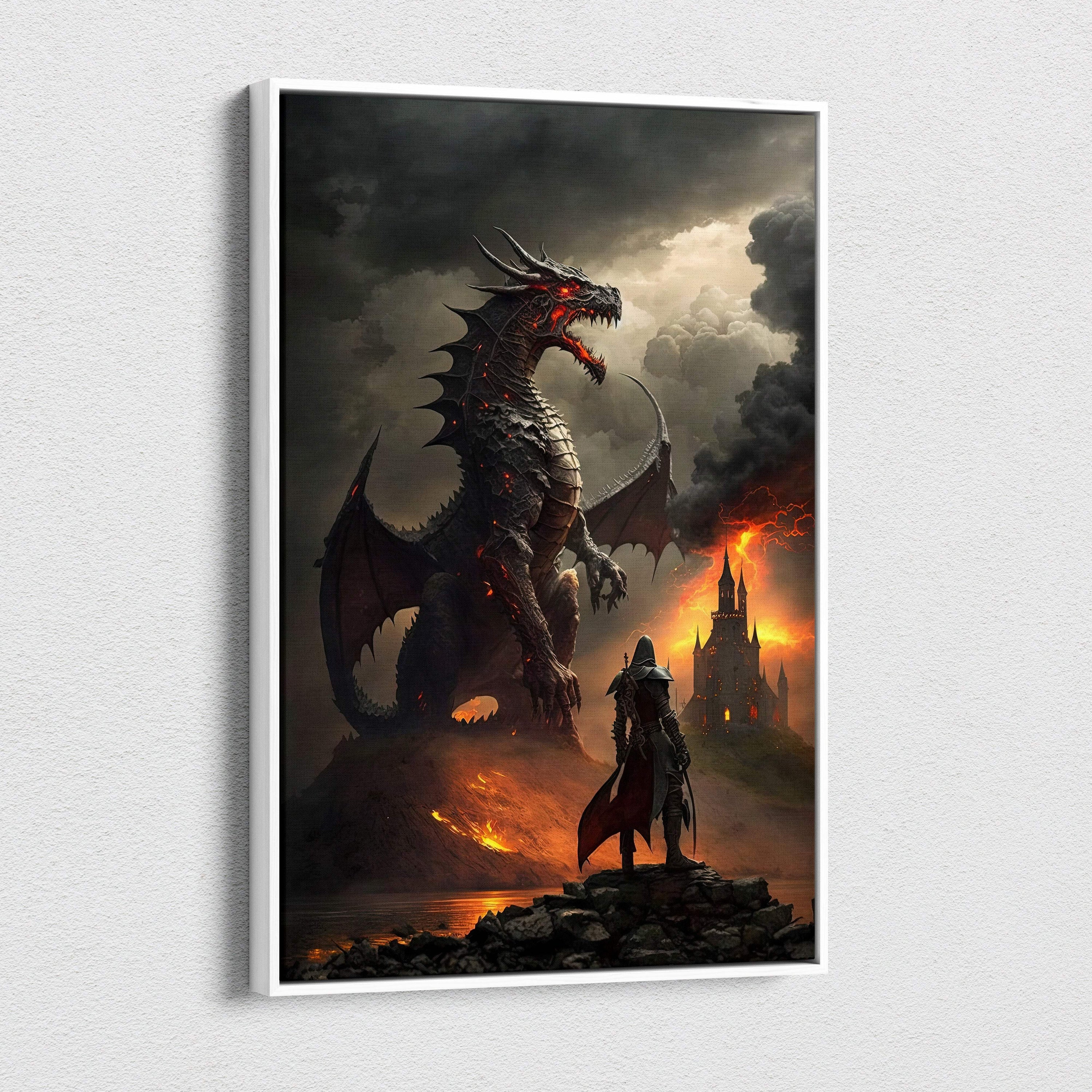 A framed canvas wall art showing a black dragon with red eyes over a knight before a burning castle under stormy skies