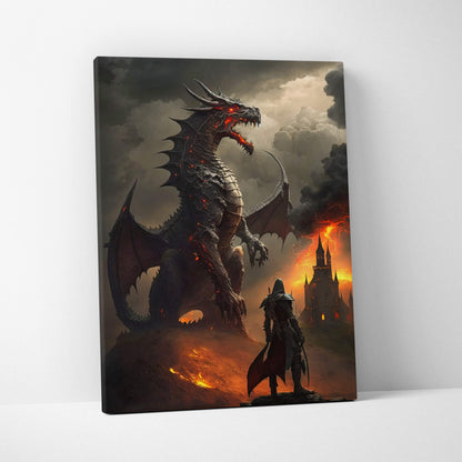 Dragon’s reckoning canvas wall art featuring a black and red fire dragon with dark fantasy castle siege and stormy sky background