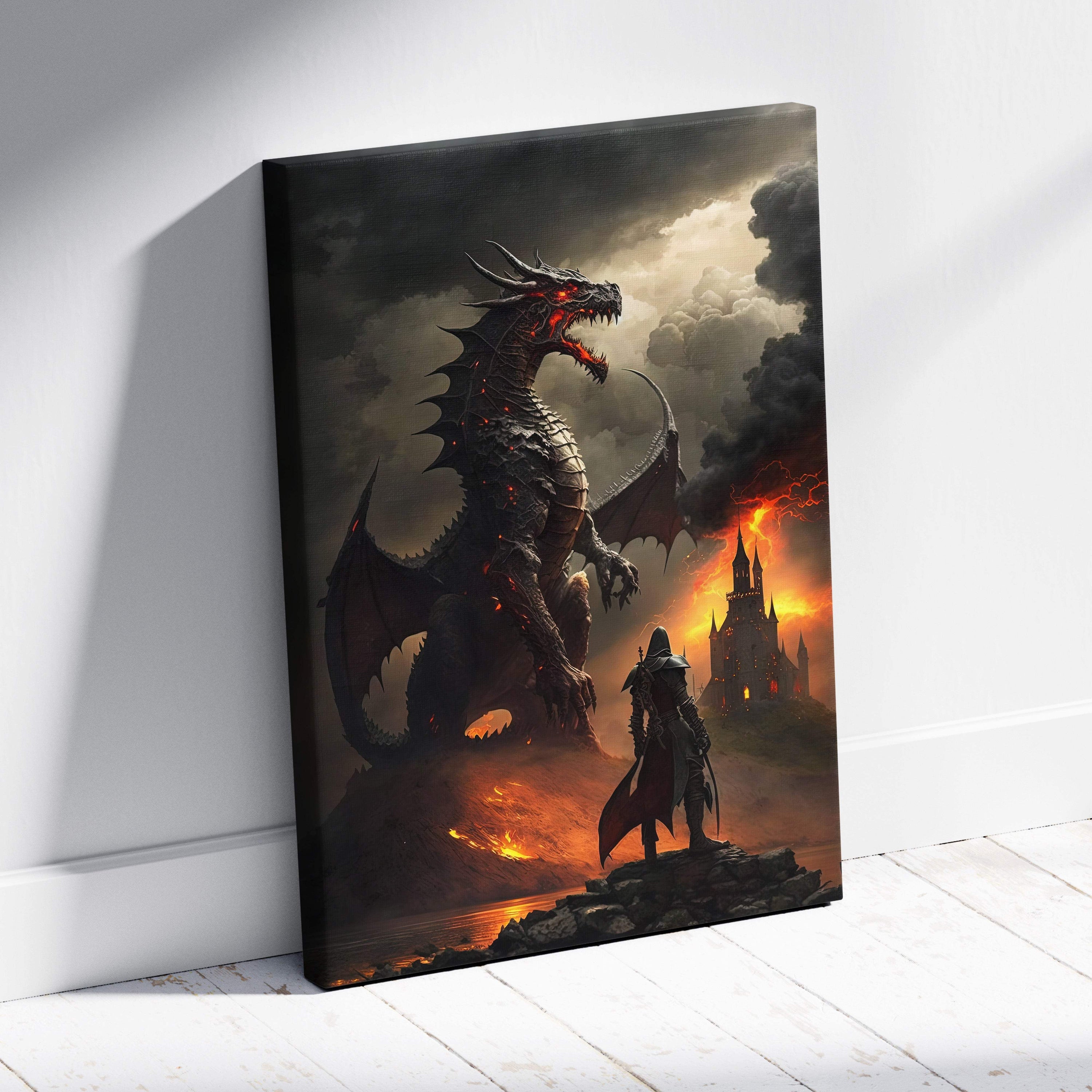 Black canvas print of a menacing dragon with glowing red eyes before a burning castle for dark fantasy wall art
