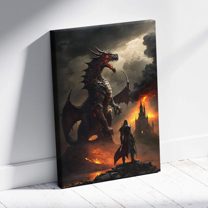 Black canvas print of a menacing dragon with glowing red eyes before a burning castle for dark fantasy wall art
