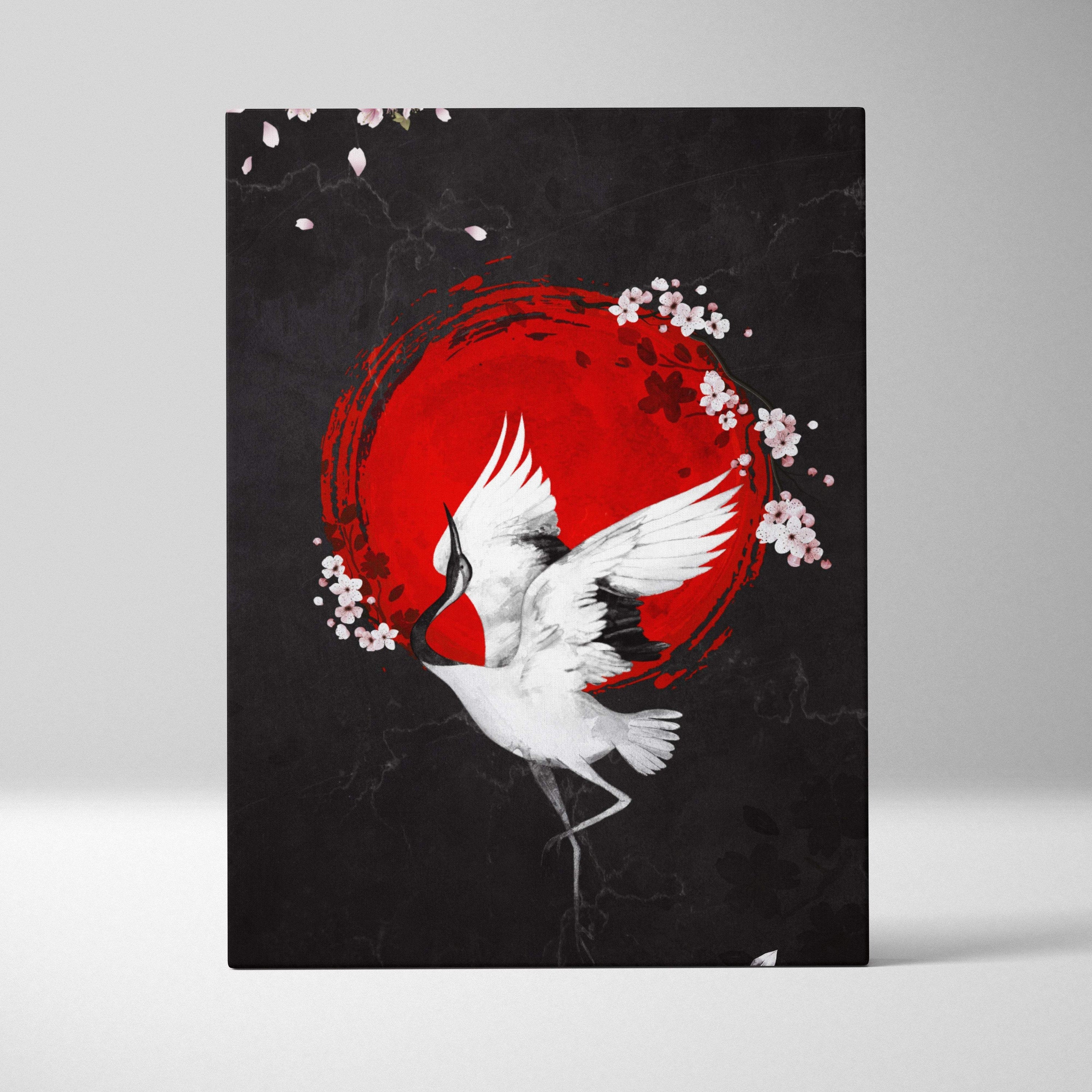 Black red crane canvas wall art featuring white crane in flight with pink cherry blossoms on red circle backdrop