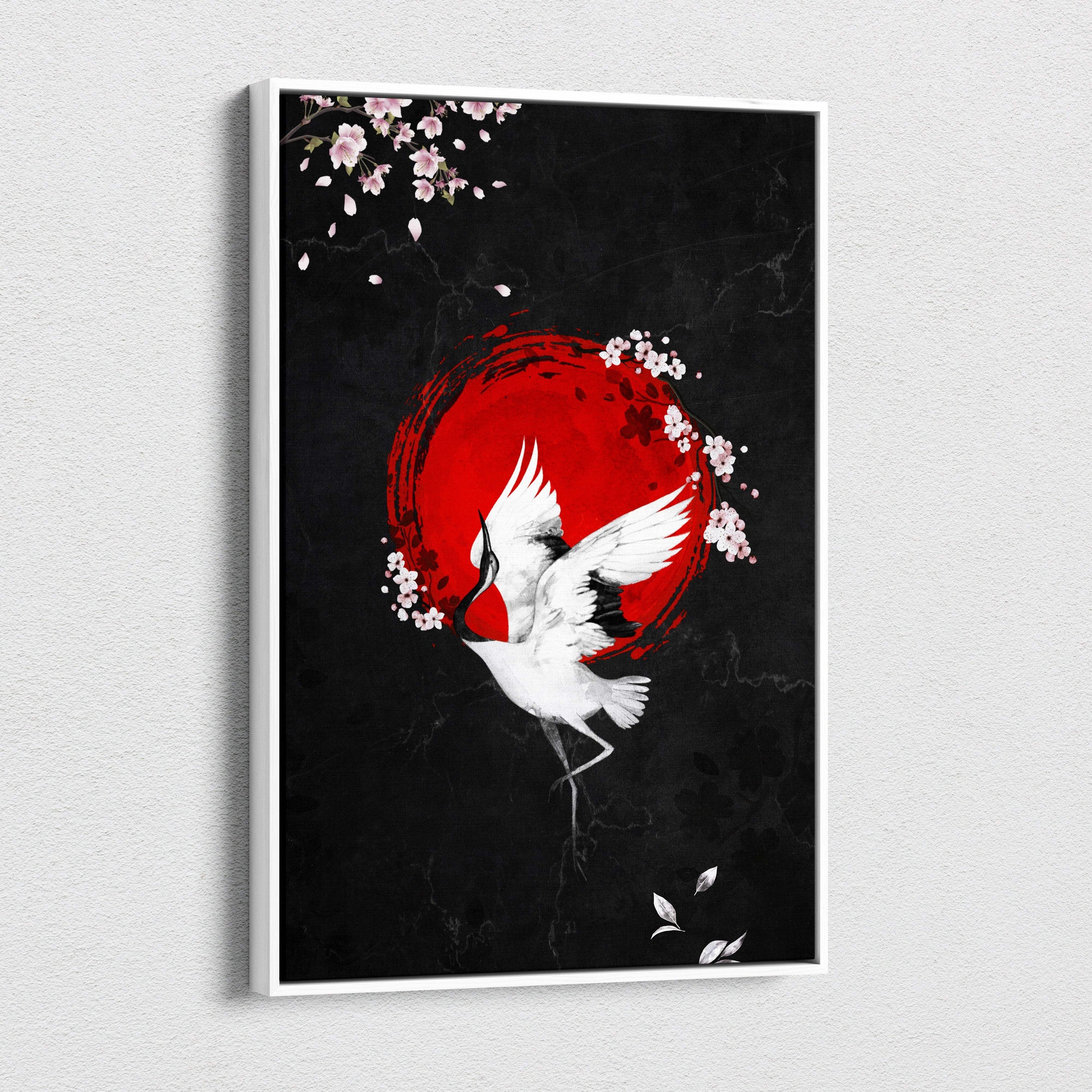 A black red crane canvas wall art with white crane and pink cherry blossoms in Japanese ink painting style