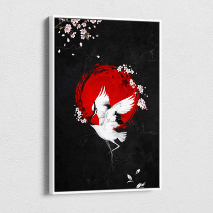 A black red crane canvas wall art with white crane and pink cherry blossoms in Japanese ink painting style