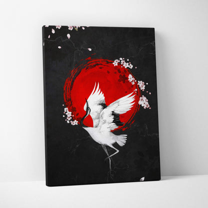 Black canvas print with a white crane in flight and pink cherry blossoms on a red circular background for wall art
