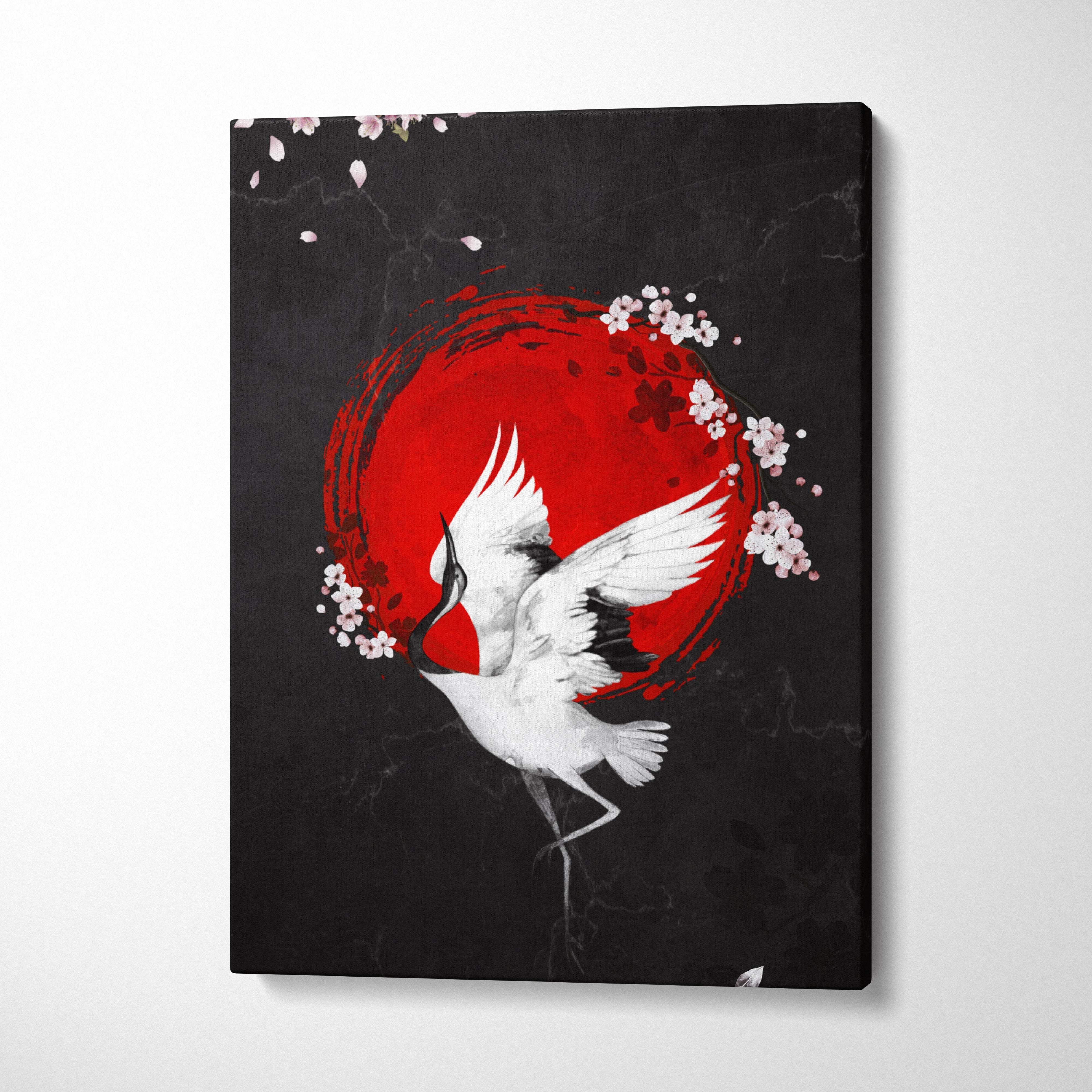 Black red crane canvas wall art features a white crane in flight with a red sun and pink cherry blossoms in japanese ink style
