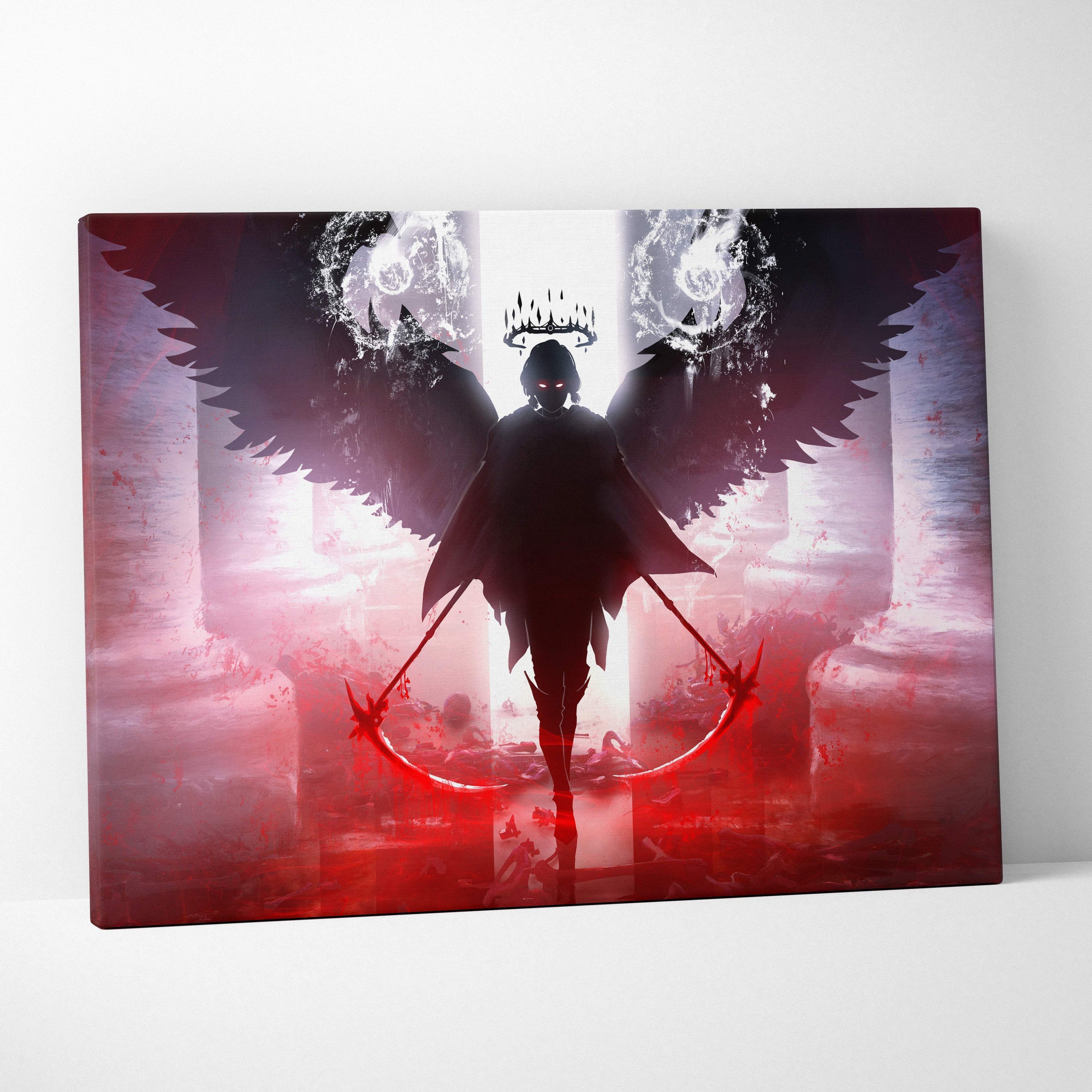A fallen angel reaper canvas art featuring a dark winged warrior with glowing red eyes and crimson energy background