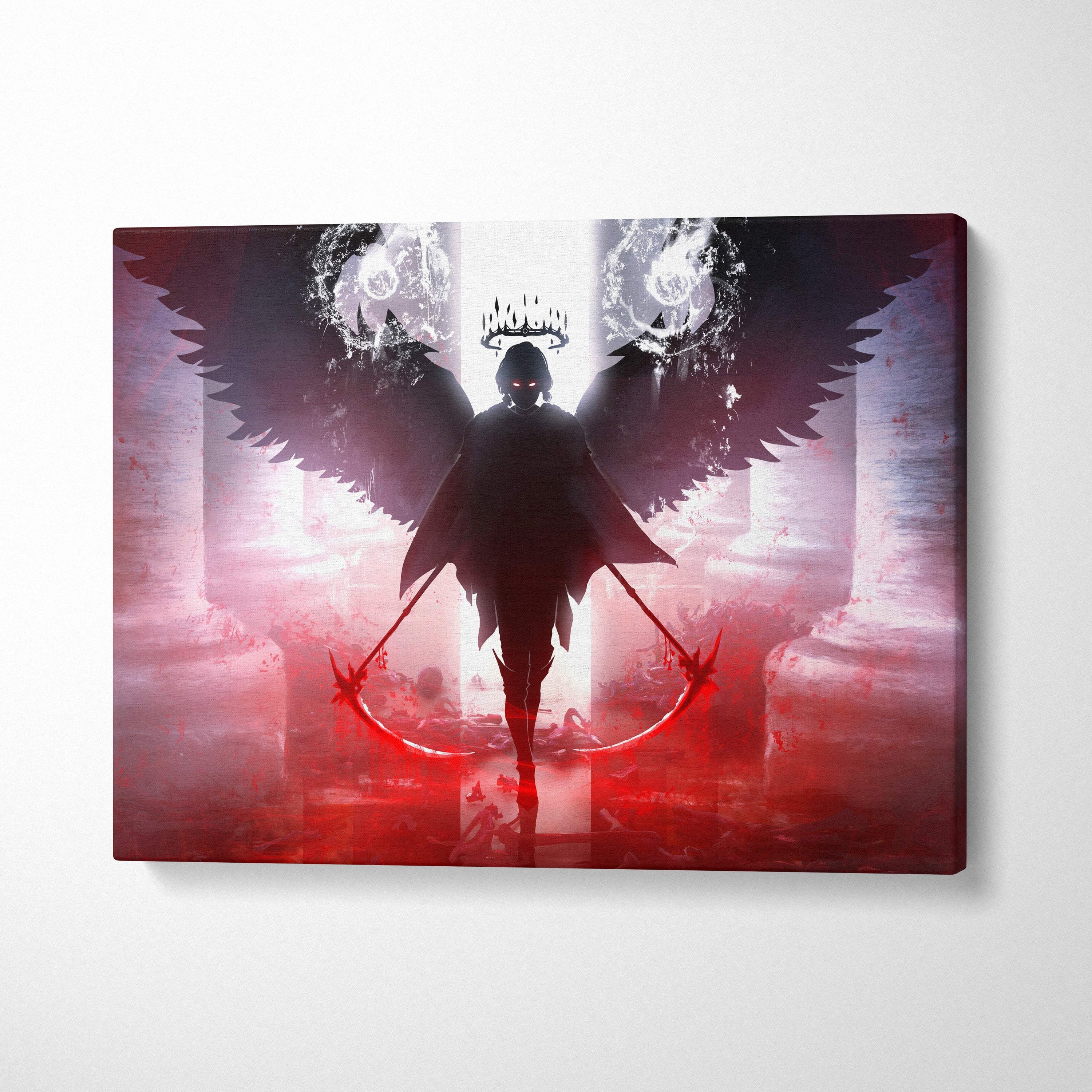 Fallen angel reaper canvas art featuring a dark winged warrior with glowing red eyes in a crimson-lit hall