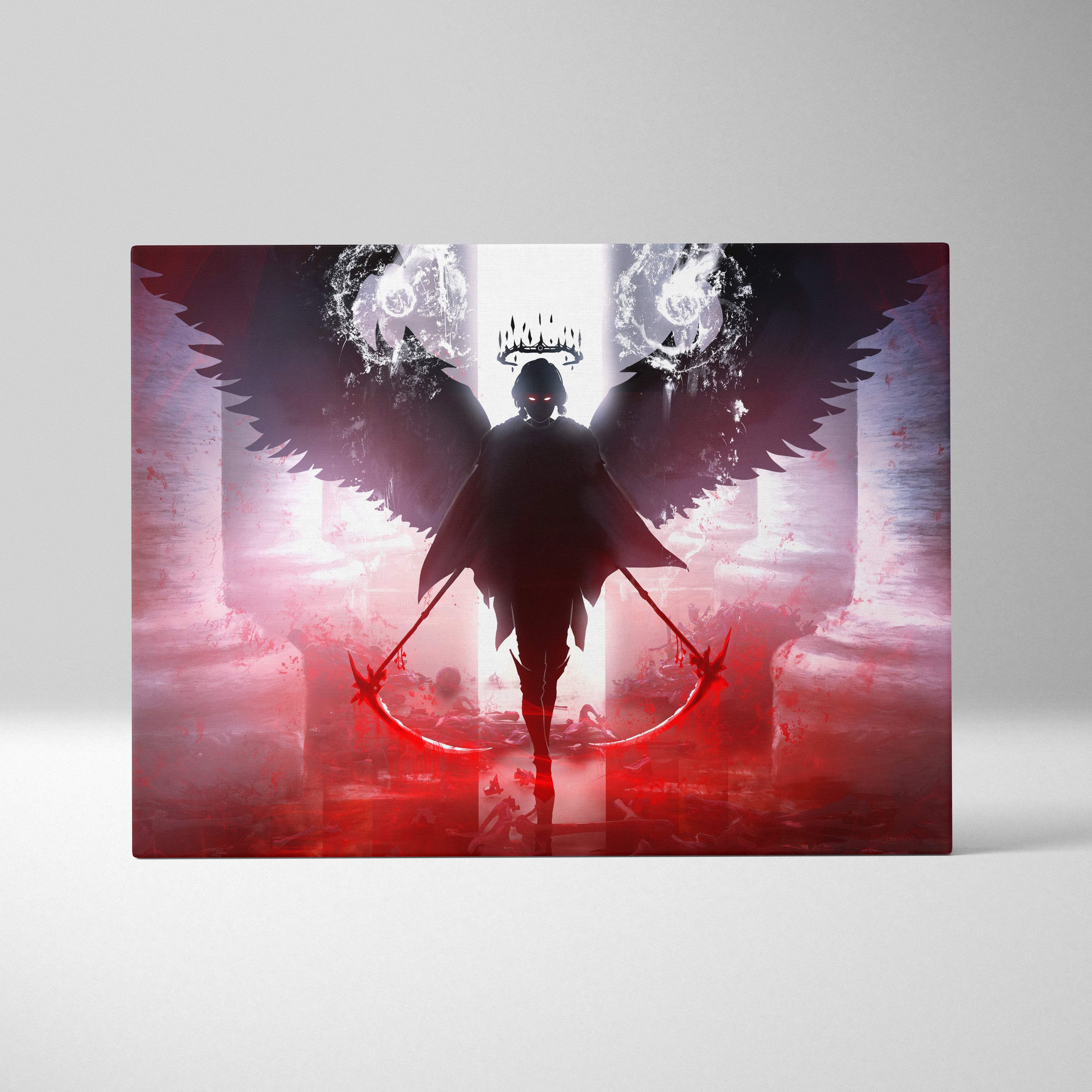 Fallen angel reaper canvas art featuring a dark winged warrior with twin scythes and crimson energy in gothic fantasy style