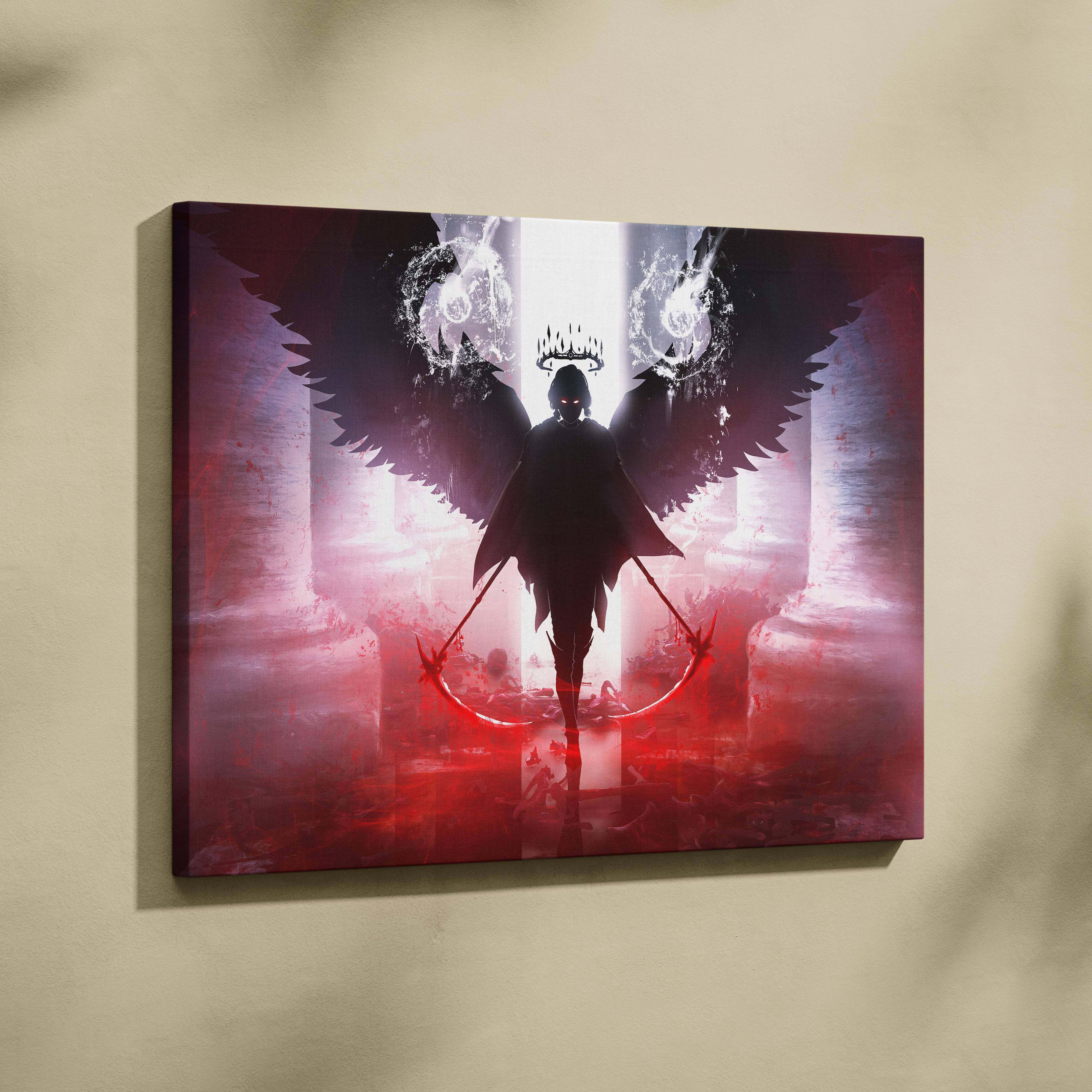 Fallen angel reaper canvas art featuring a dark winged warrior with glowing white wings and crimson energy backdrop