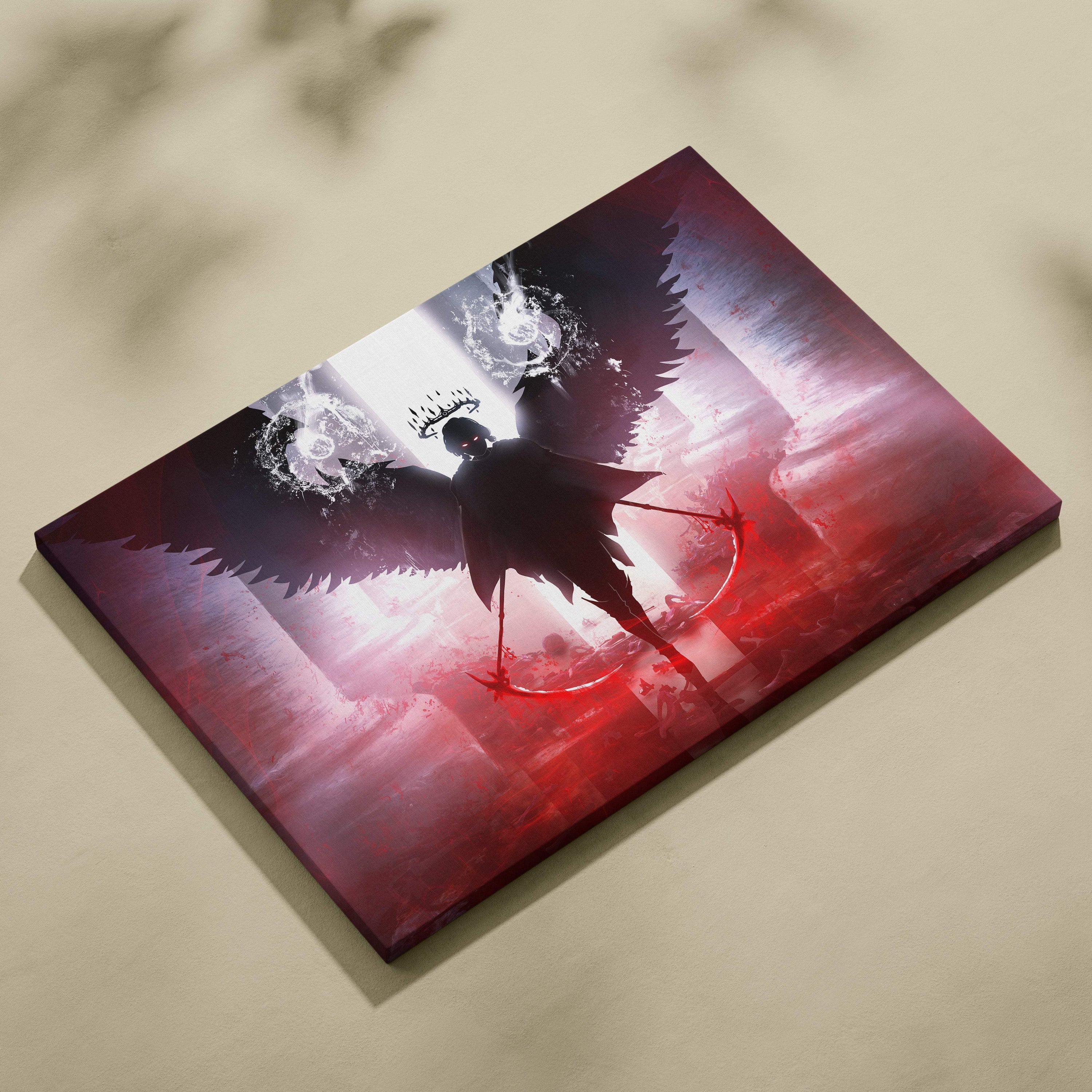 A rectangular canvas print of a dark winged fallen angel reaper with twin scythes against a red and black background