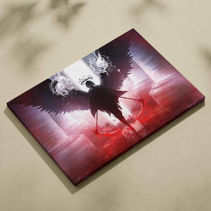 A rectangular canvas print of a dark winged fallen angel reaper with twin scythes against a red and black background