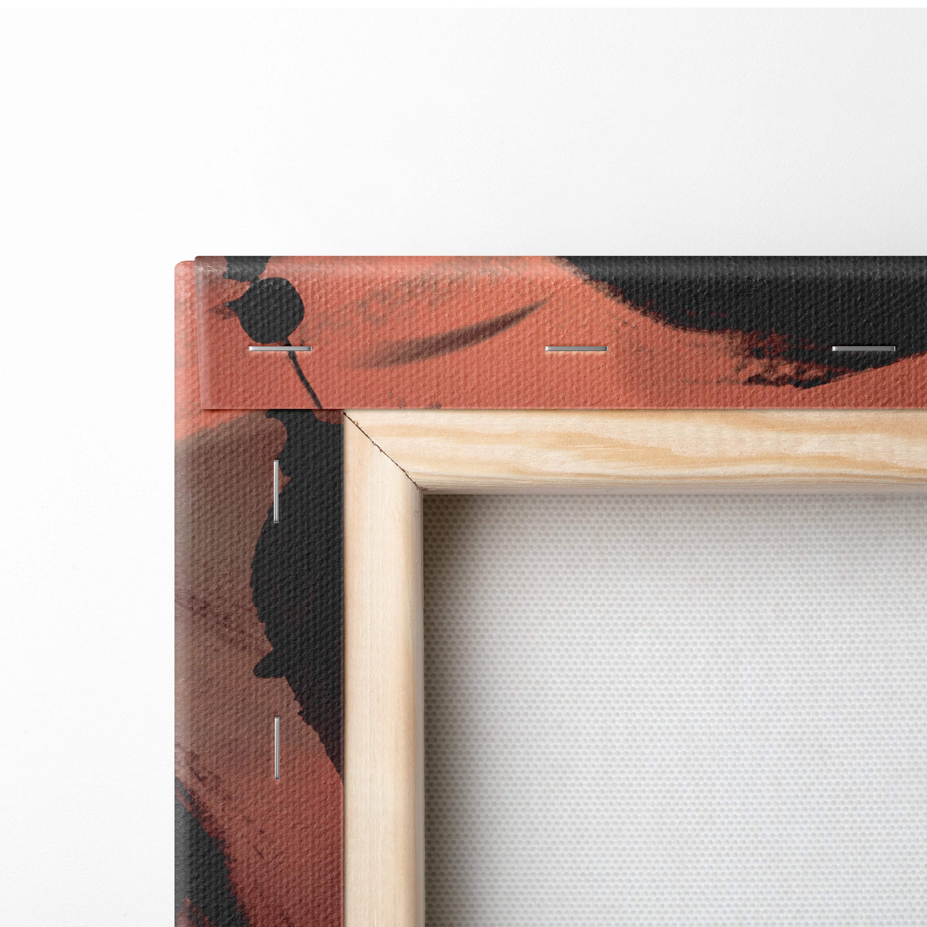 A minimalist wooden frame with natural finish holding crimson dawn knight canvas art with bold orange and black brushstrokes