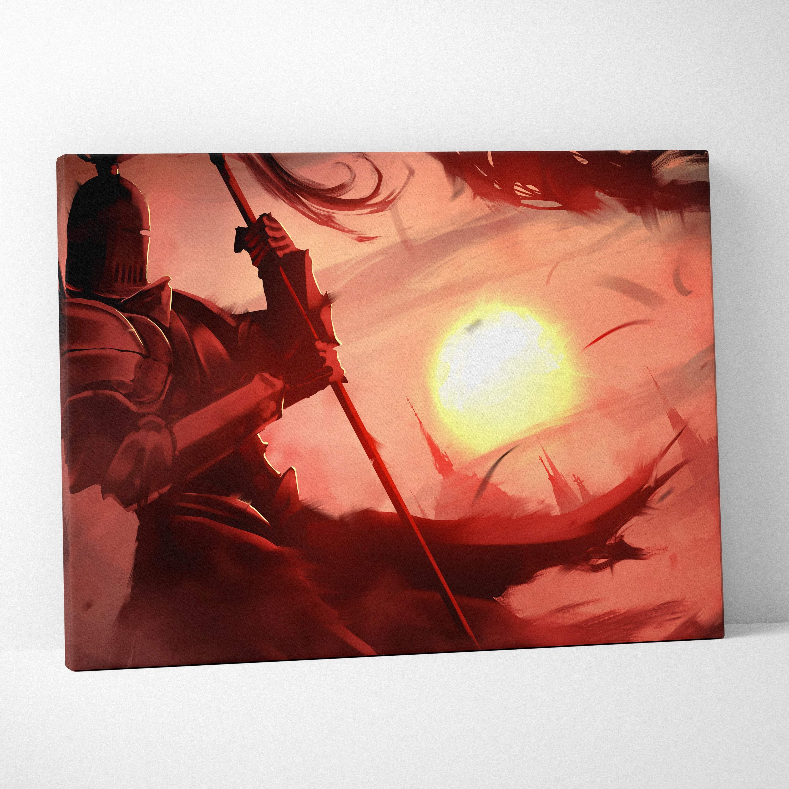 Rectangular canvas print of a knight in dark armor holding a spear against a red and orange sunset backdrop