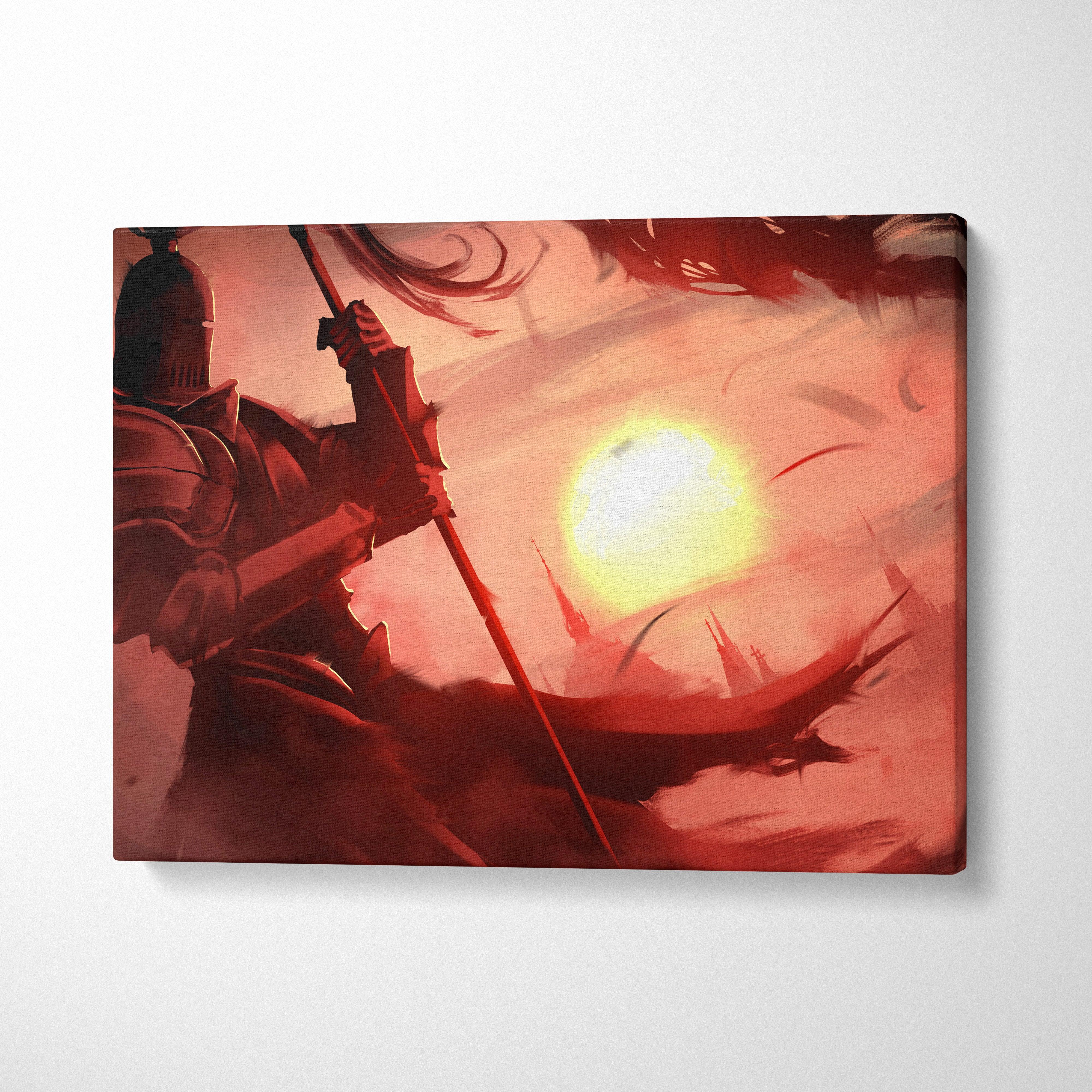 A canvas print featuring a knight in dark armor holding a spear against a dramatic red and orange sunset backdrop.
