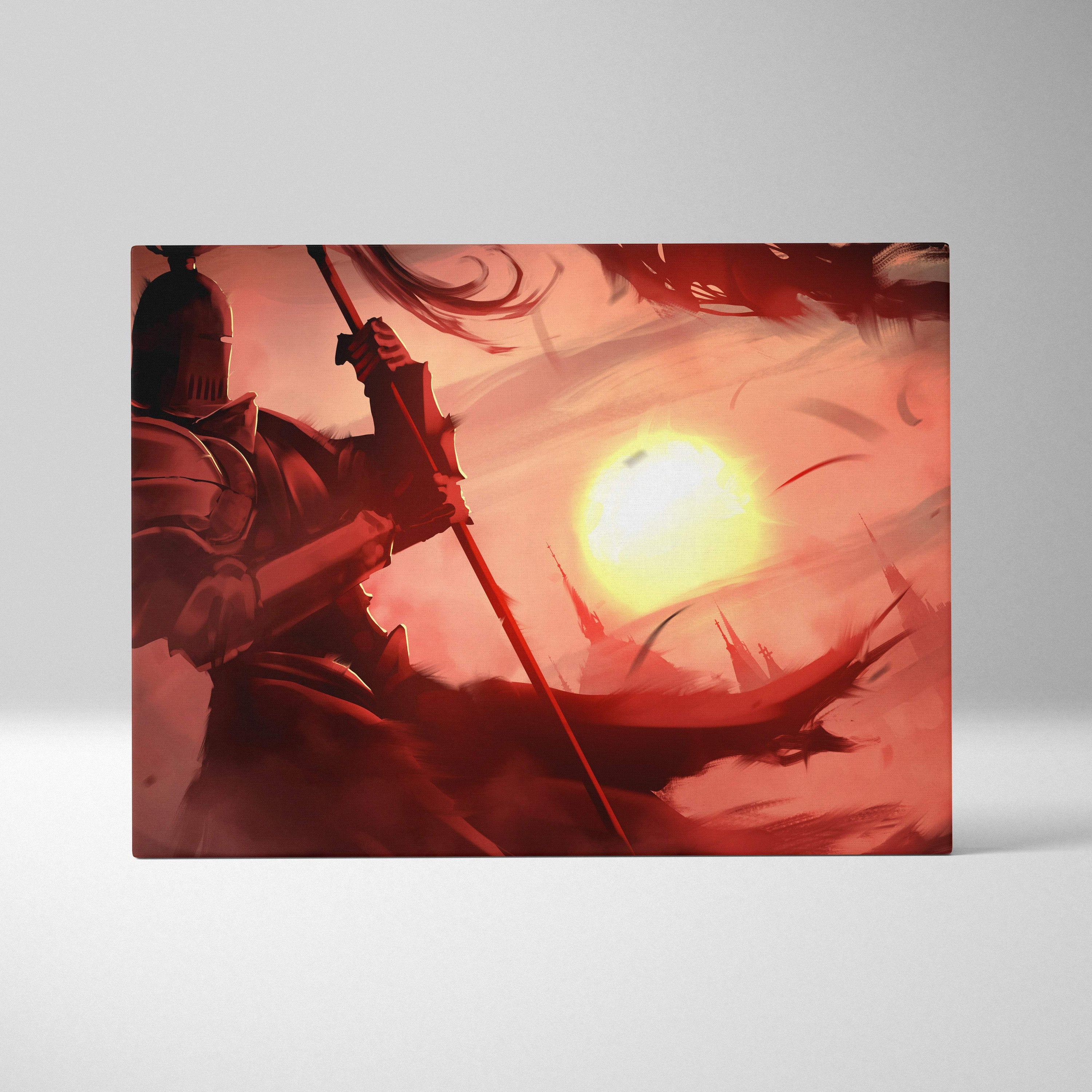 Crimson dawn knight canvas art featuring a red and gold armored warrior with spear at a burning sunset background