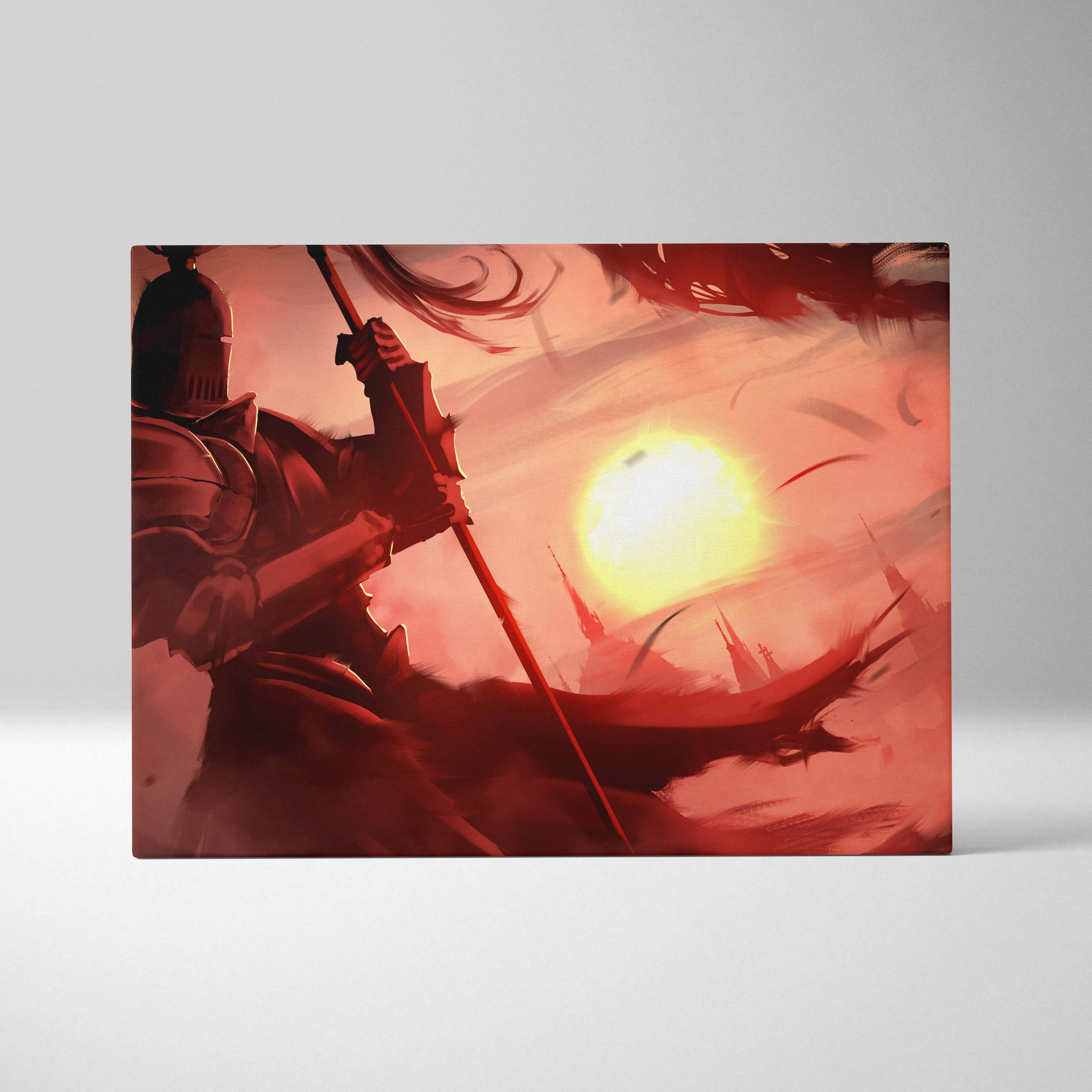 Crimson dawn knight canvas art featuring a red and gold armored warrior with spear at a burning sunset background