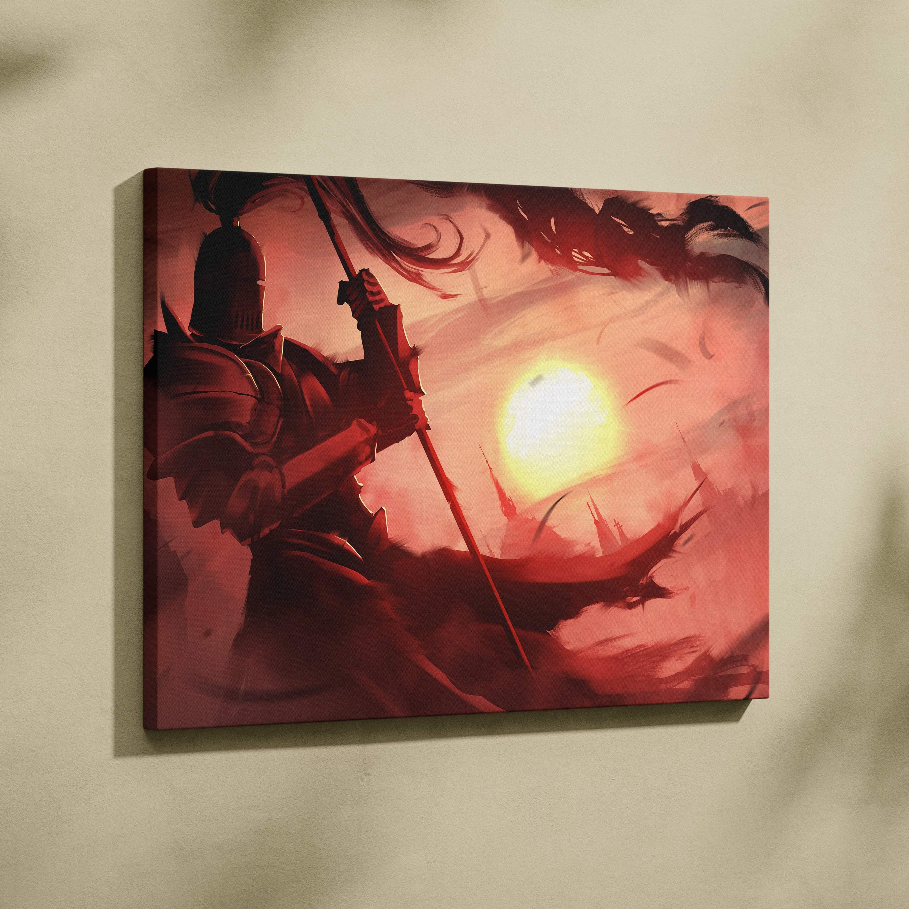 Rectangular canvas print of a dark armored knight holding a spear against a dramatic red and orange sunset background