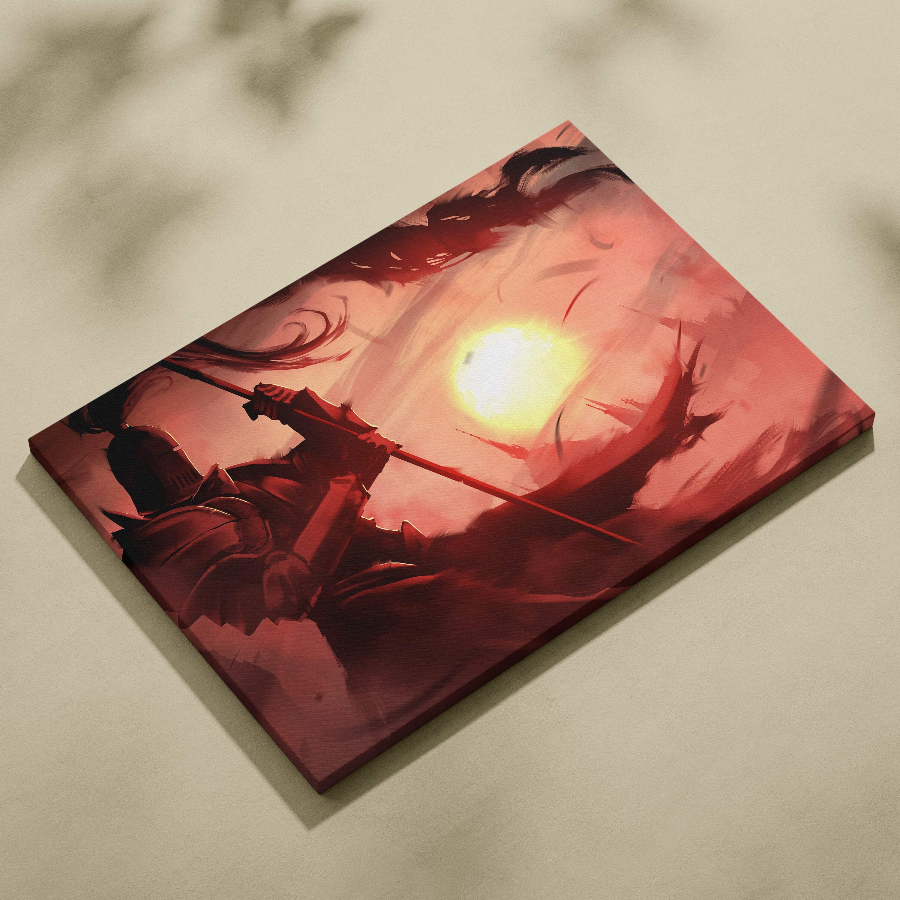 A rectangular canvas print featuring a red and black fantasy armored warrior with spear against a glowing sun backdrop