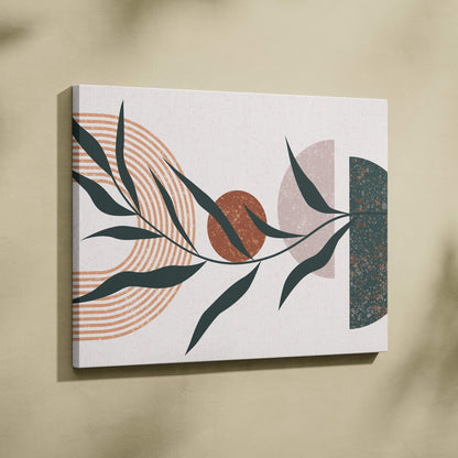 A modern abstract canvas print featuring stylized sage green leaves with terracotta and neutral geometric shapes for boho decor