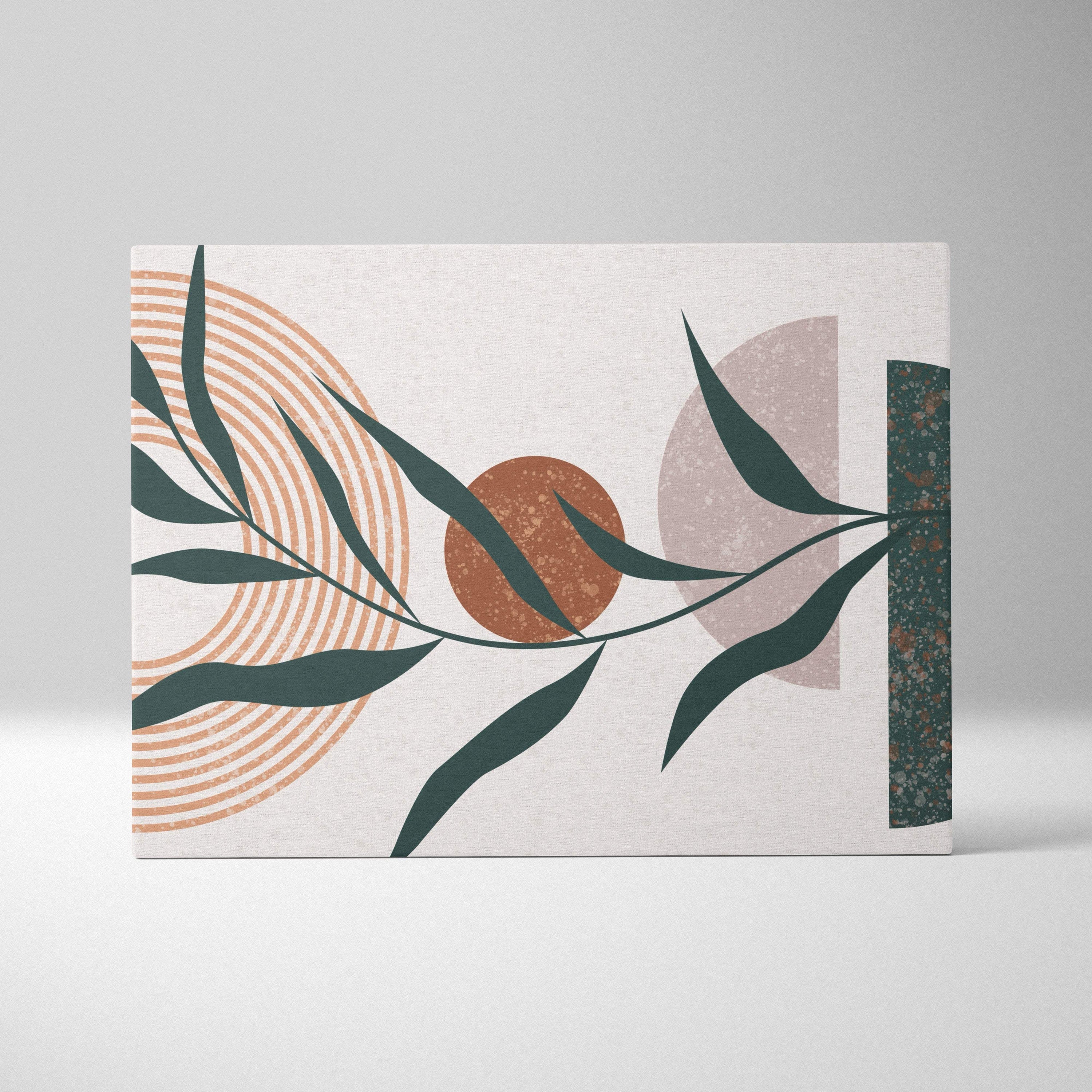 Modern abstract boho botanical canvas wall art with stylized sage green leaves terracotta and neutral geometric shapes
