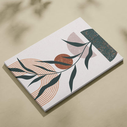 Boho botanical canvas wall art with sage green leaves copper circle and terracotta geometric shapes on white background