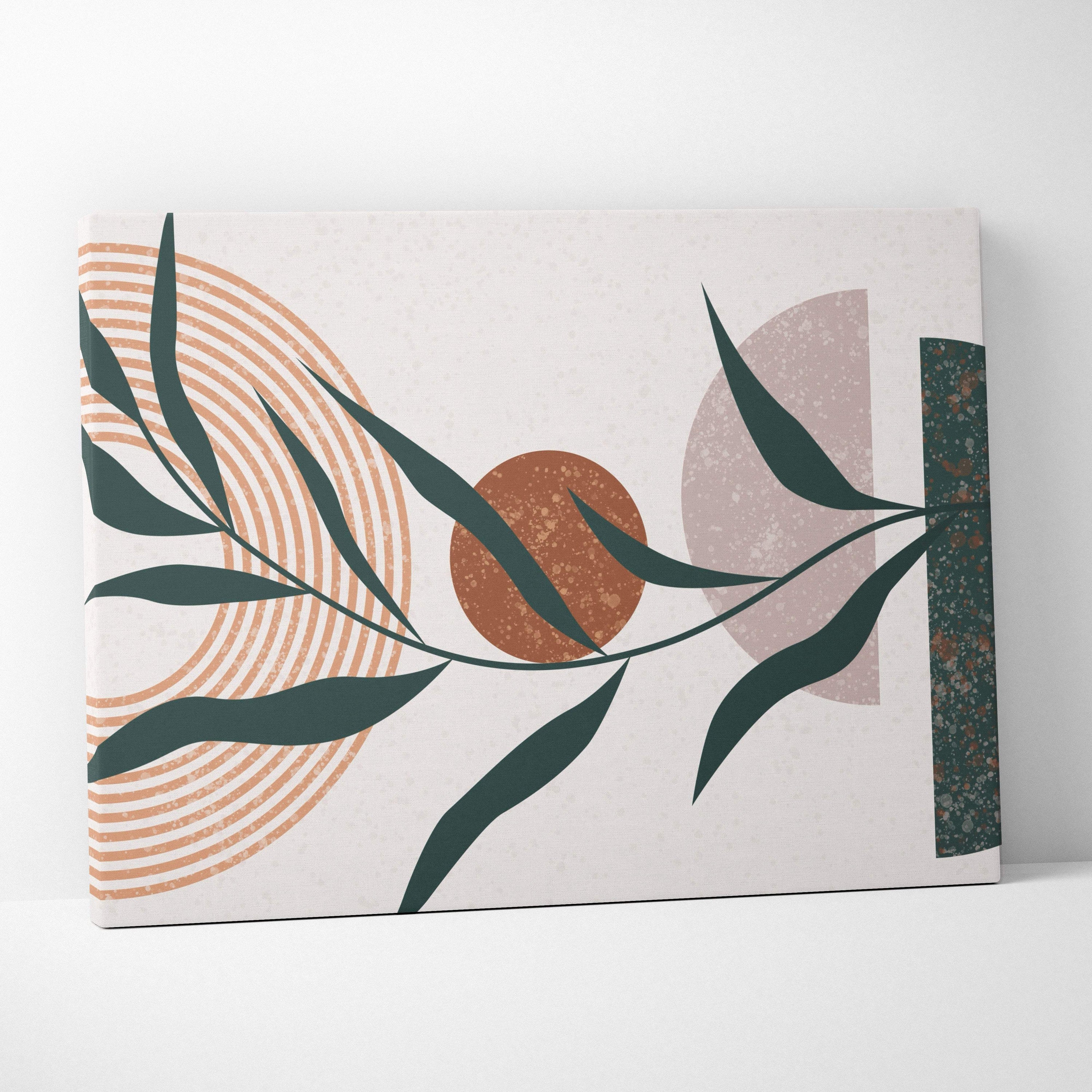 Boho botanical canvas wall art with sage green leaves and terracotta neutral geometric shapes for living room decor