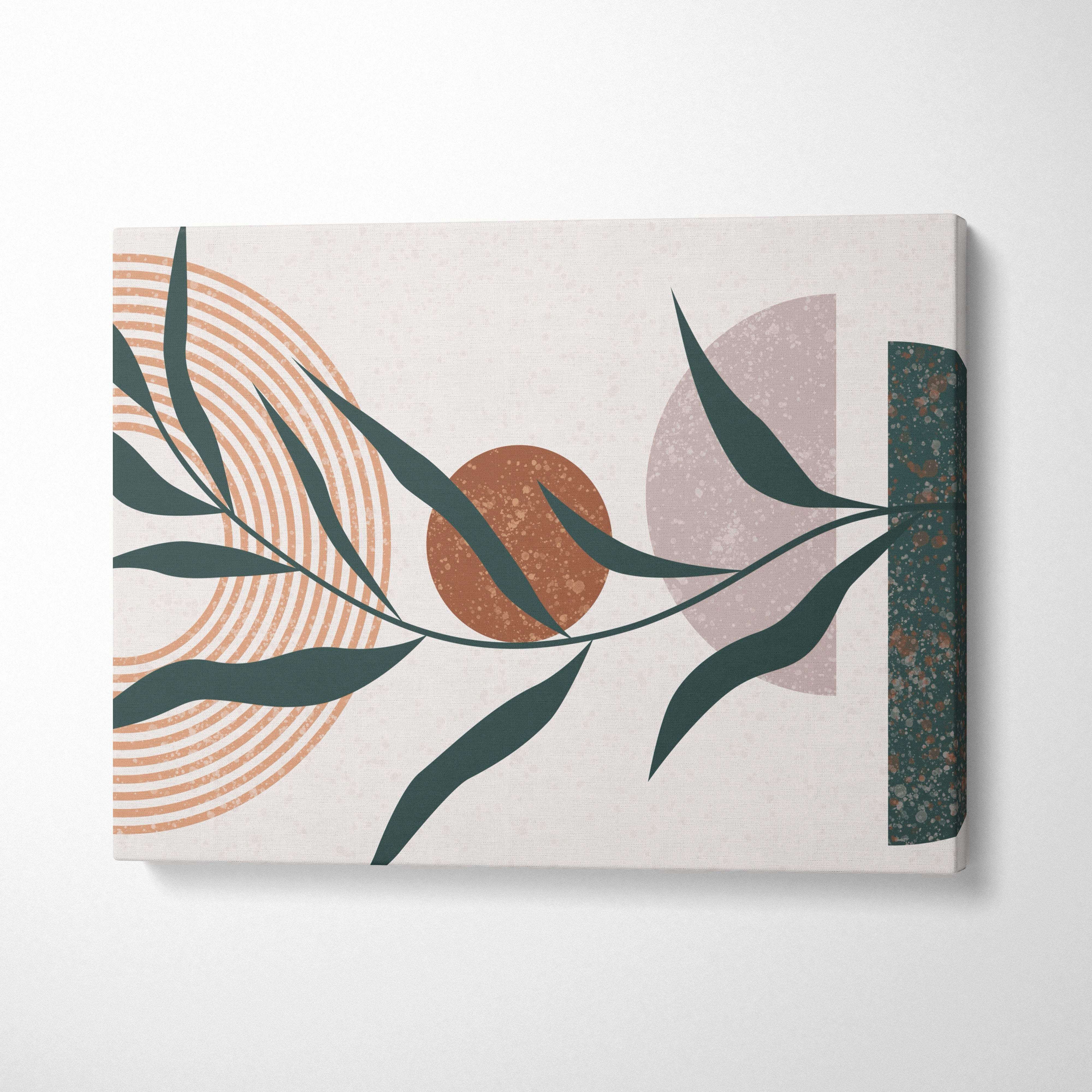 Boho botanical canvas wall art featuring stylized sage green leaves with terracotta and neutral geometric shapes on off-white background