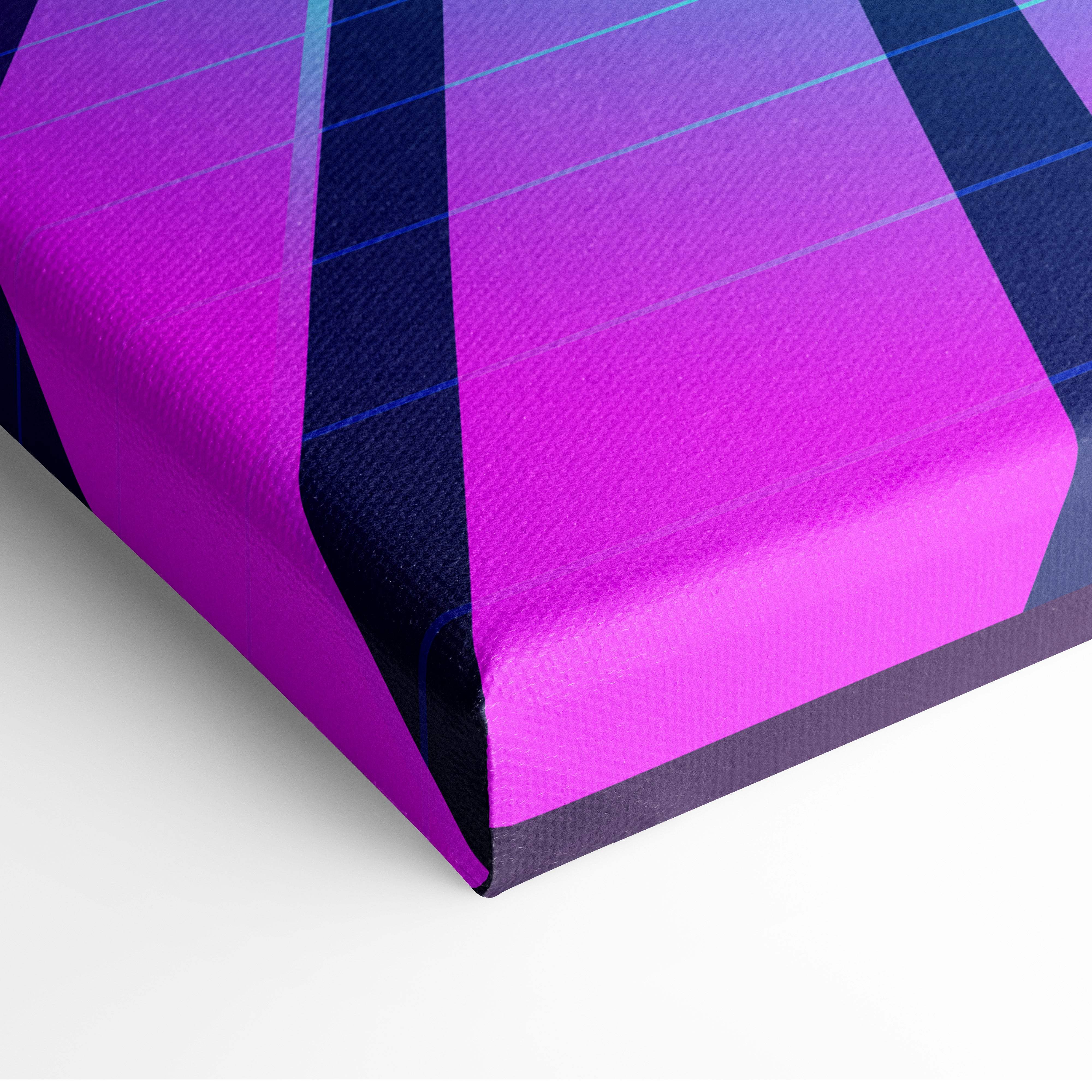 Vaporwave neon portal canvas art print with vibrant purple and navy plaid fabric texture and glowing synthwave light beams